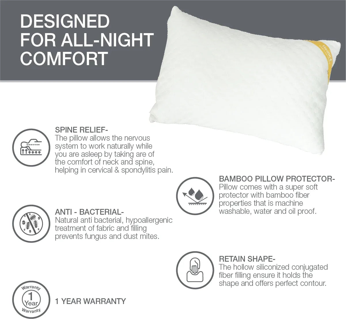 Health Plus Bamboo Pillow 46X68 Cm in White Colour - HomeTown