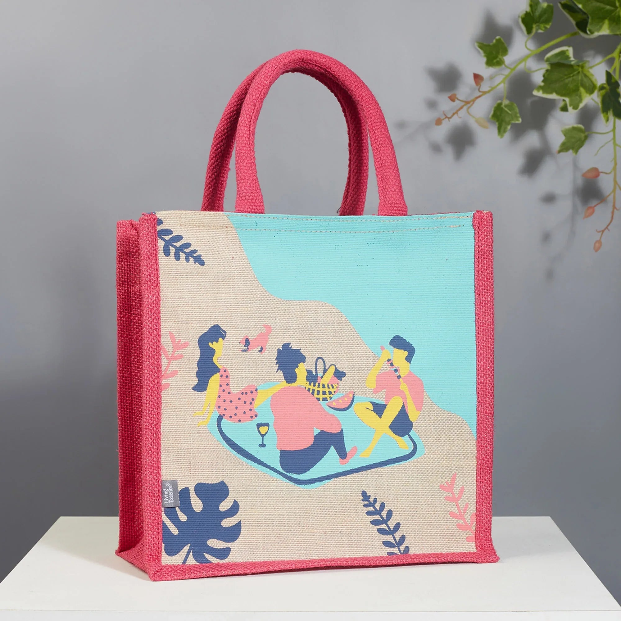 Good Life Jute Reversible Salt, Sea & Snack Printed Lunch Bag 25.5 x 25.5 Cm in Pink Colour - HomeTown