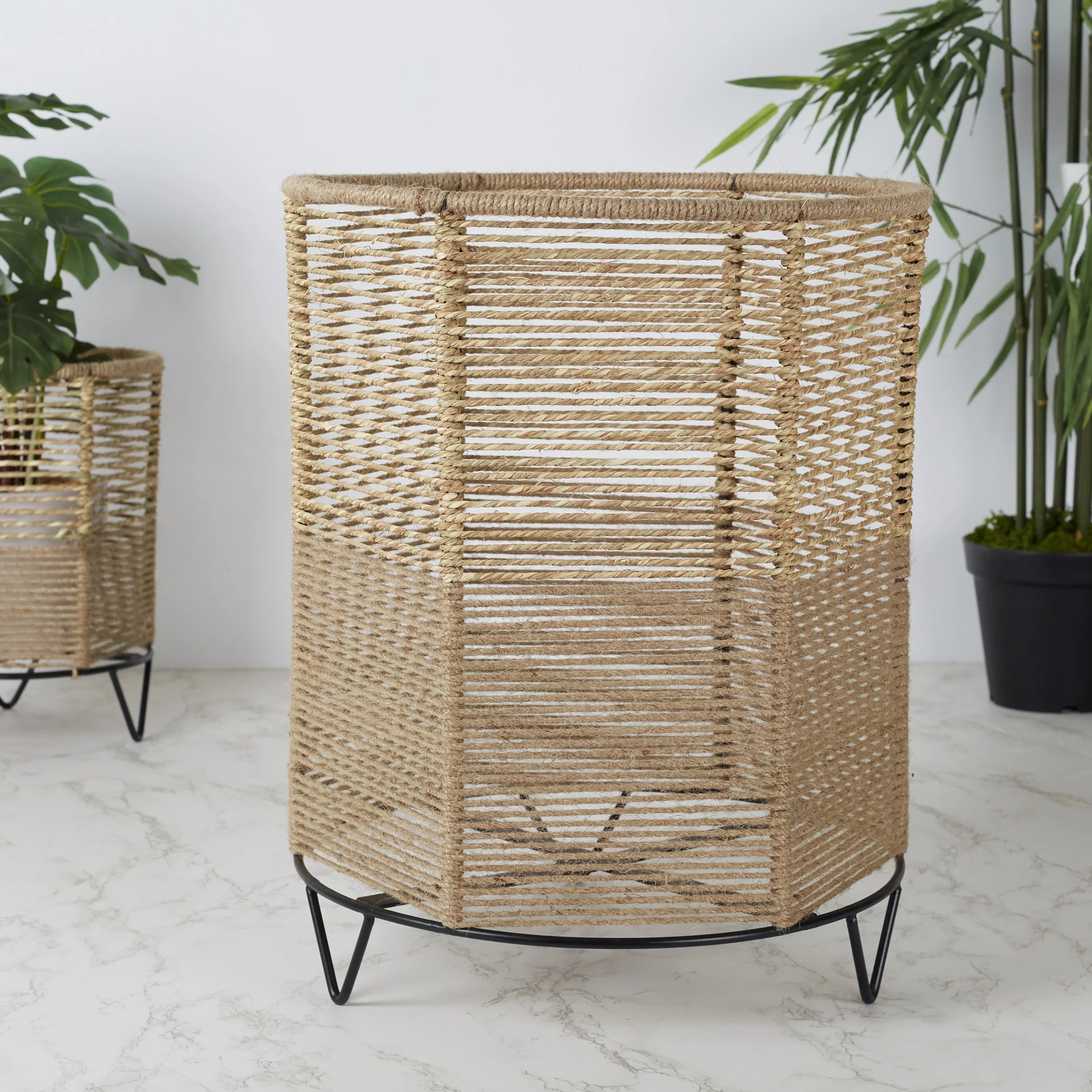 Boho Metal And Natural Fiber Planter Stand 42Cm in Brown Colour - HomeTown