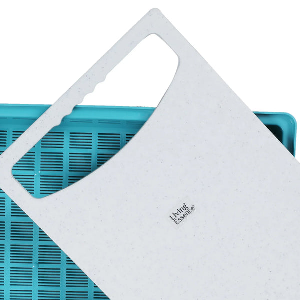 Kitchen Aid Plastic Chopping Board with Strainer in Teal Colour dimensions