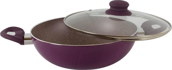 Royal Velvet Non Stick Induction Bottom Cookware Set Of 5 Pcs , 1 Wok With Lid 24Cm 2.3Ltr, 1 Frypan 24Cm 1.7 Ltr, 1 Dosa Tawa 24Cm, 1 Mini Frying Pan 14Cm in Purple Colour dimensions