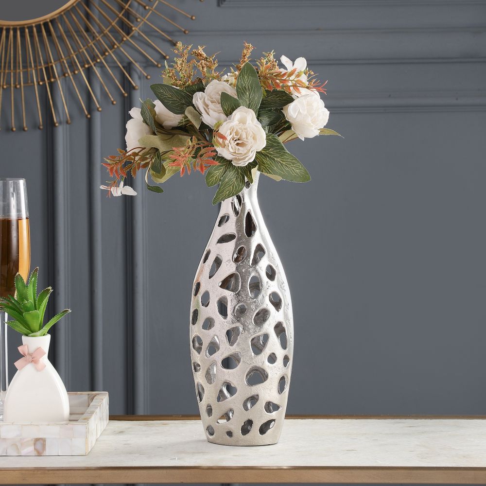 Sophia Floral Vase Medium In Raw Silver Finish