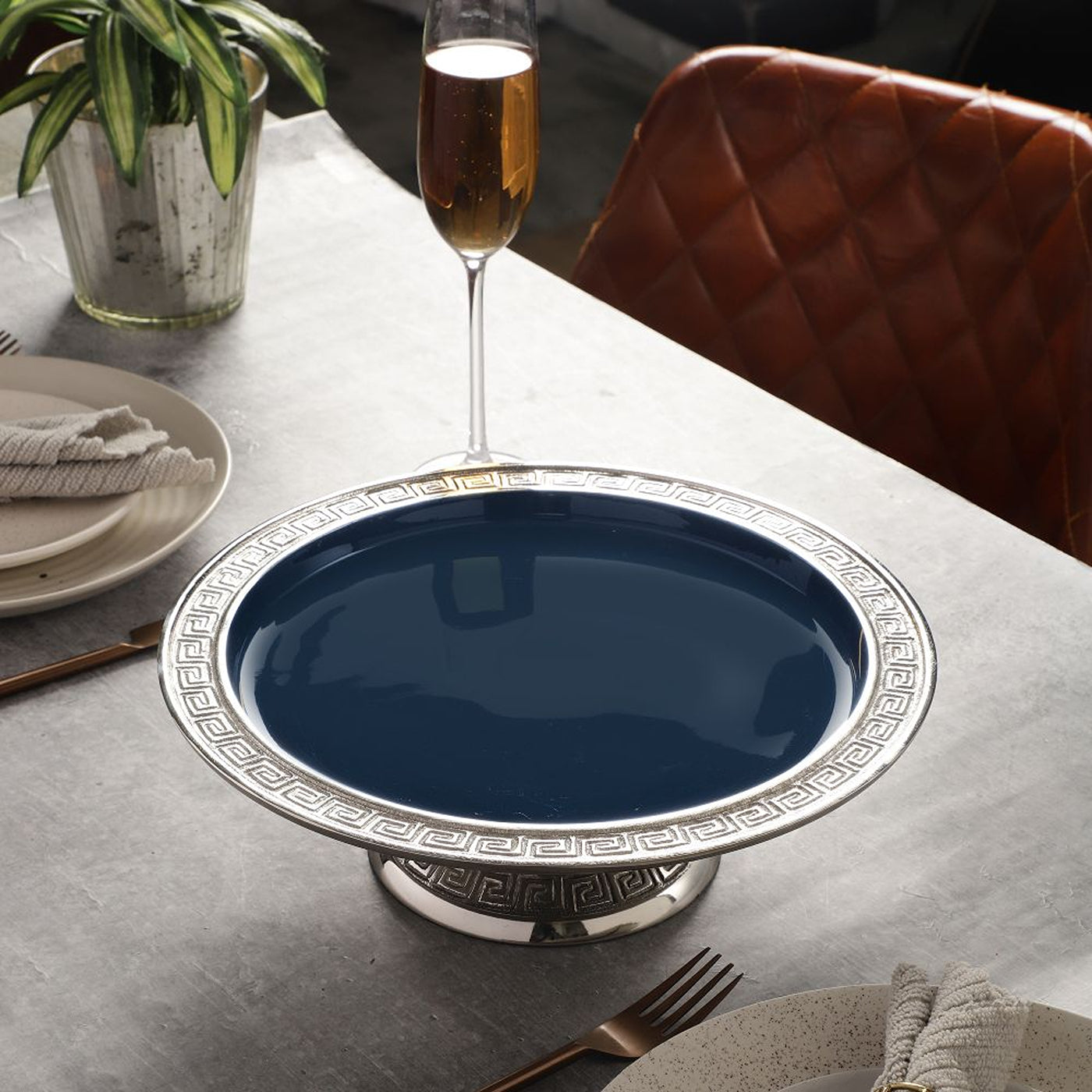 Versace Design Cake Stand  in Blue Enamle & Silver Finish