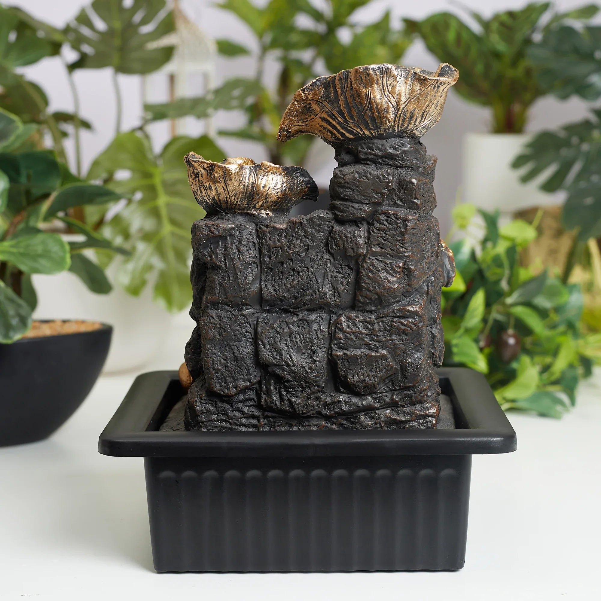 Impression Polyresin Buddha Petal Water Fountain 21x17x25 Cm in Antique Gold Colour - HomeTown