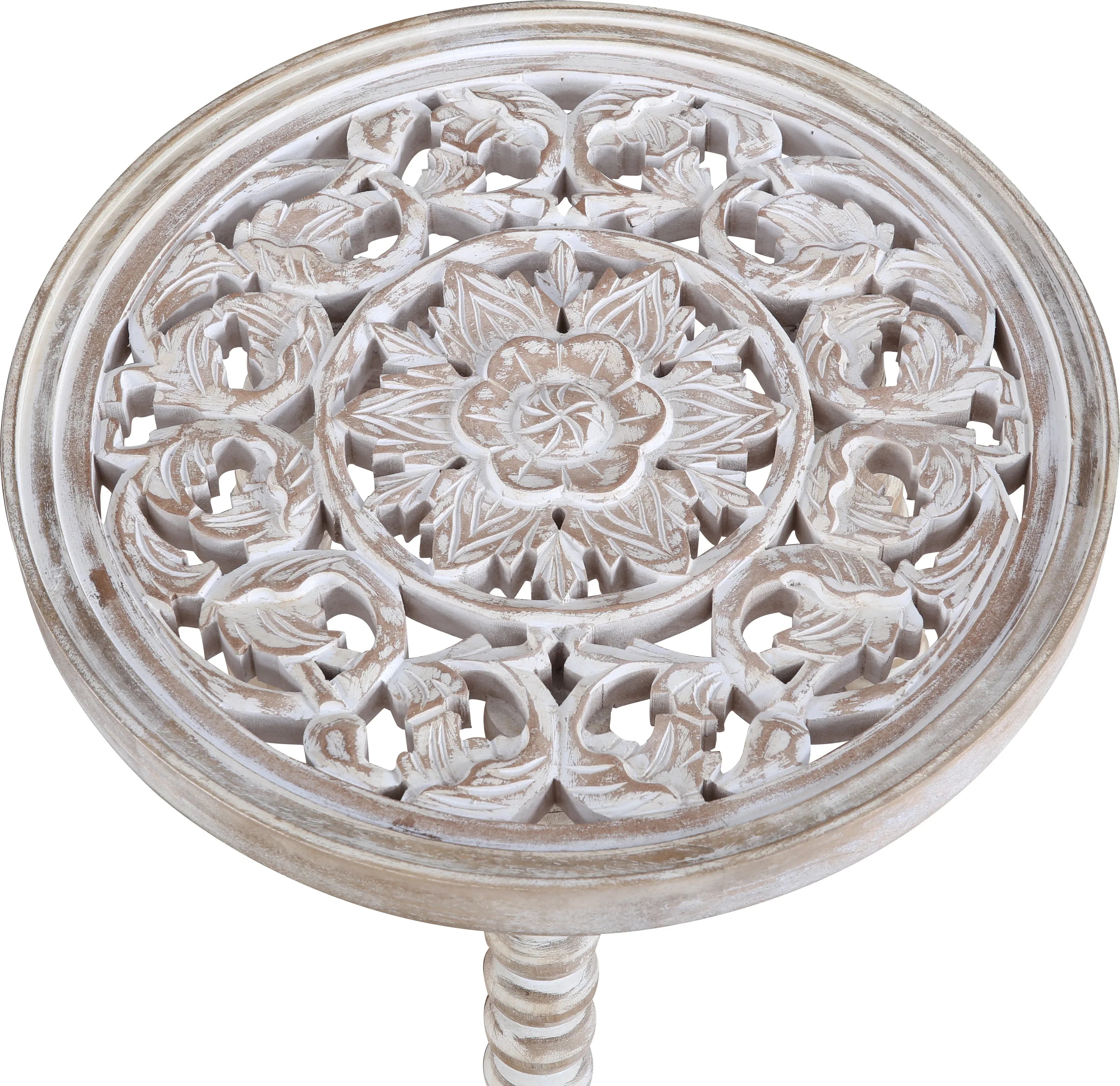 Antico Mango Wood Carved Stool in White Colour - HomeTown