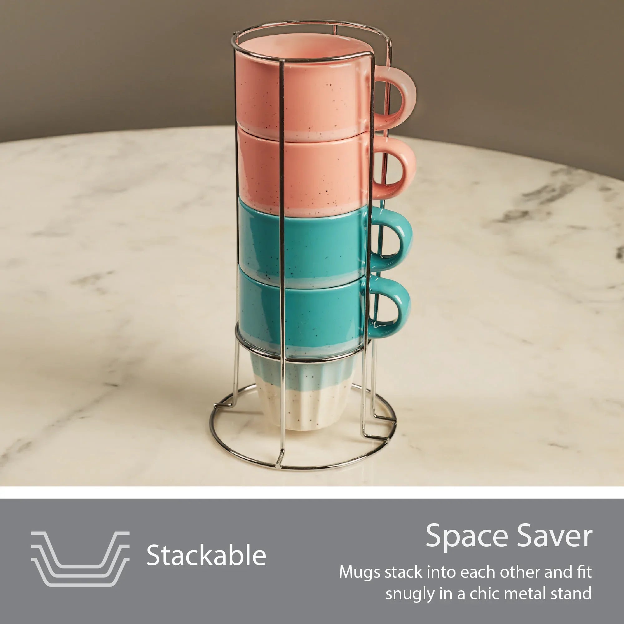 Emilia Ceramic Coffee Mugs Set Of 4 With Metal Stand in Blue & Pink Colour - HomeTown