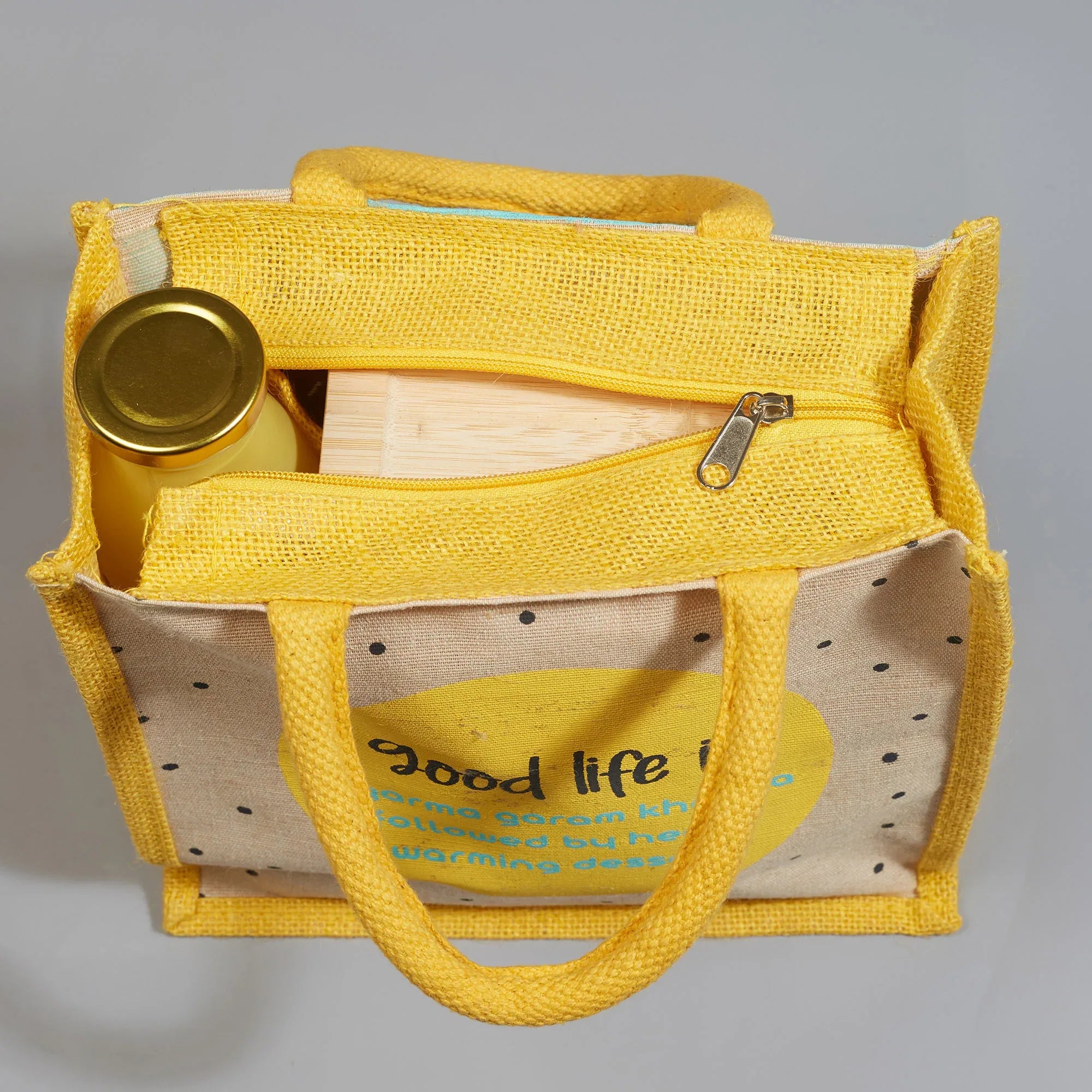 Good Life Jute Reversible Dessert Printed Lunch Bag 25.5 x 25.5 Cm in Turq & Yellow Colour - HomeTown
