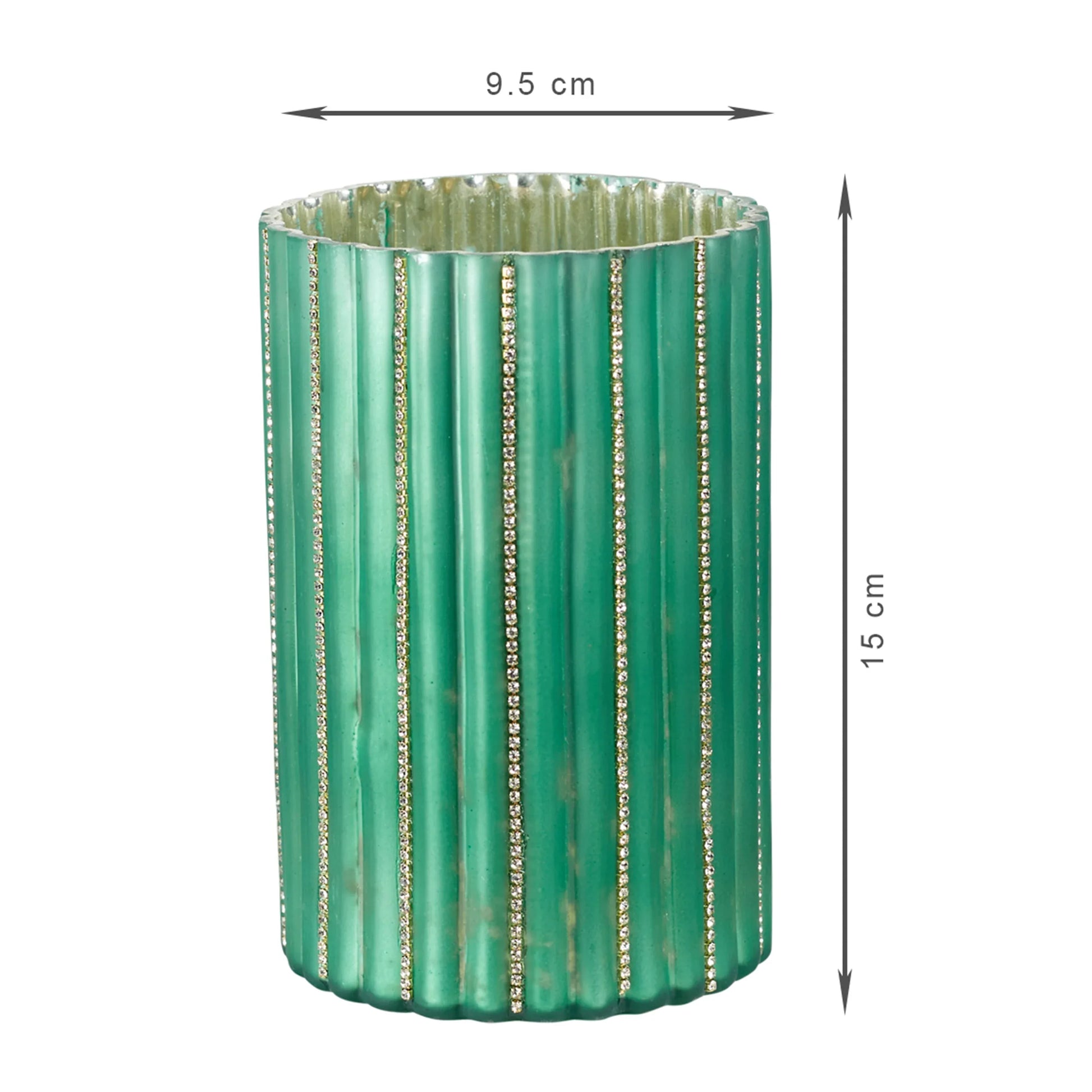 Phiona Glass Diamond Stud Handcrafted Votive 15 Cm in Emerald Colour - HomeTown
