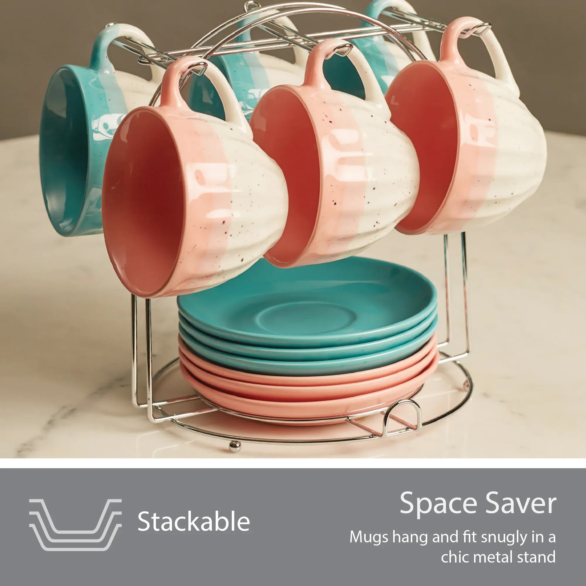 Emilia Ceramic Cup & Saucer Set Of 12 With Metal Stand in Blue & Pink Colour - HomeTown