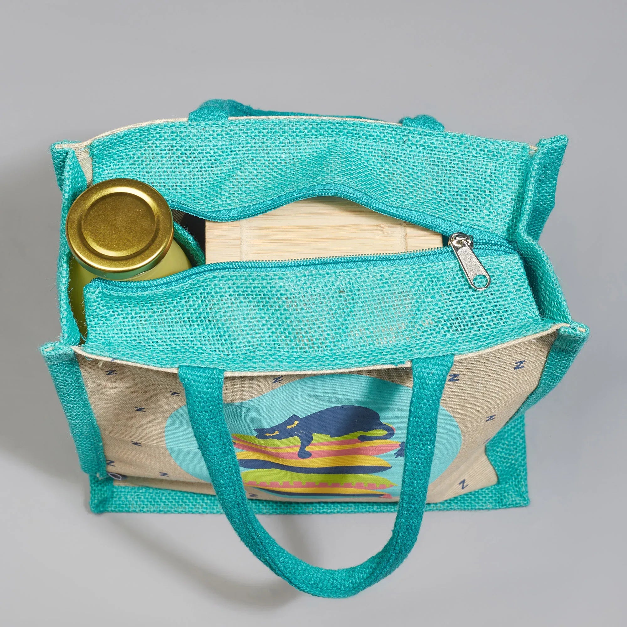 Good Life Jute Reversible Lazy Lamhe Printed Lunch Bag 25.5 x 25.5 Cm in Turq Colour - HomeTown