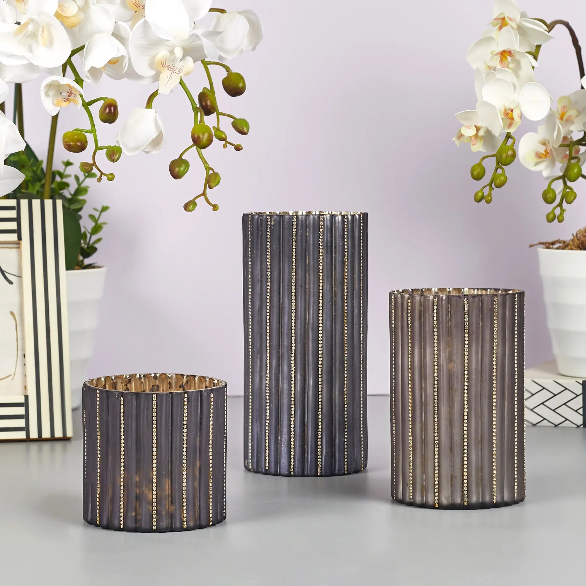 Phiona Glass Diamond Stud Handcrafted Votive 10 Cm in Grey Colour - HomeTown