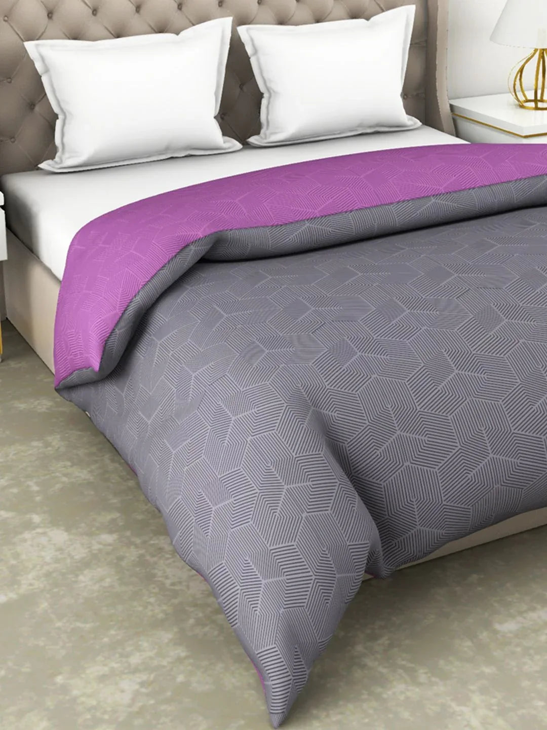 Botanical Cotton Double Comforter 229X254 Cm 210 Tc in Grey/Purple Colour - HomeTown
