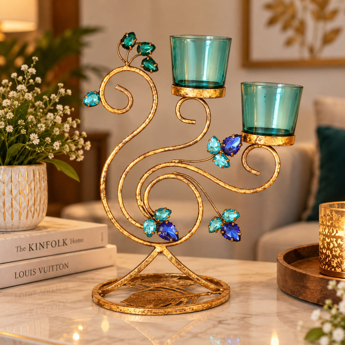 CGI Luxe Utsav Peacock Dbl Votive Gold Finish | 21X11.5X20 cm