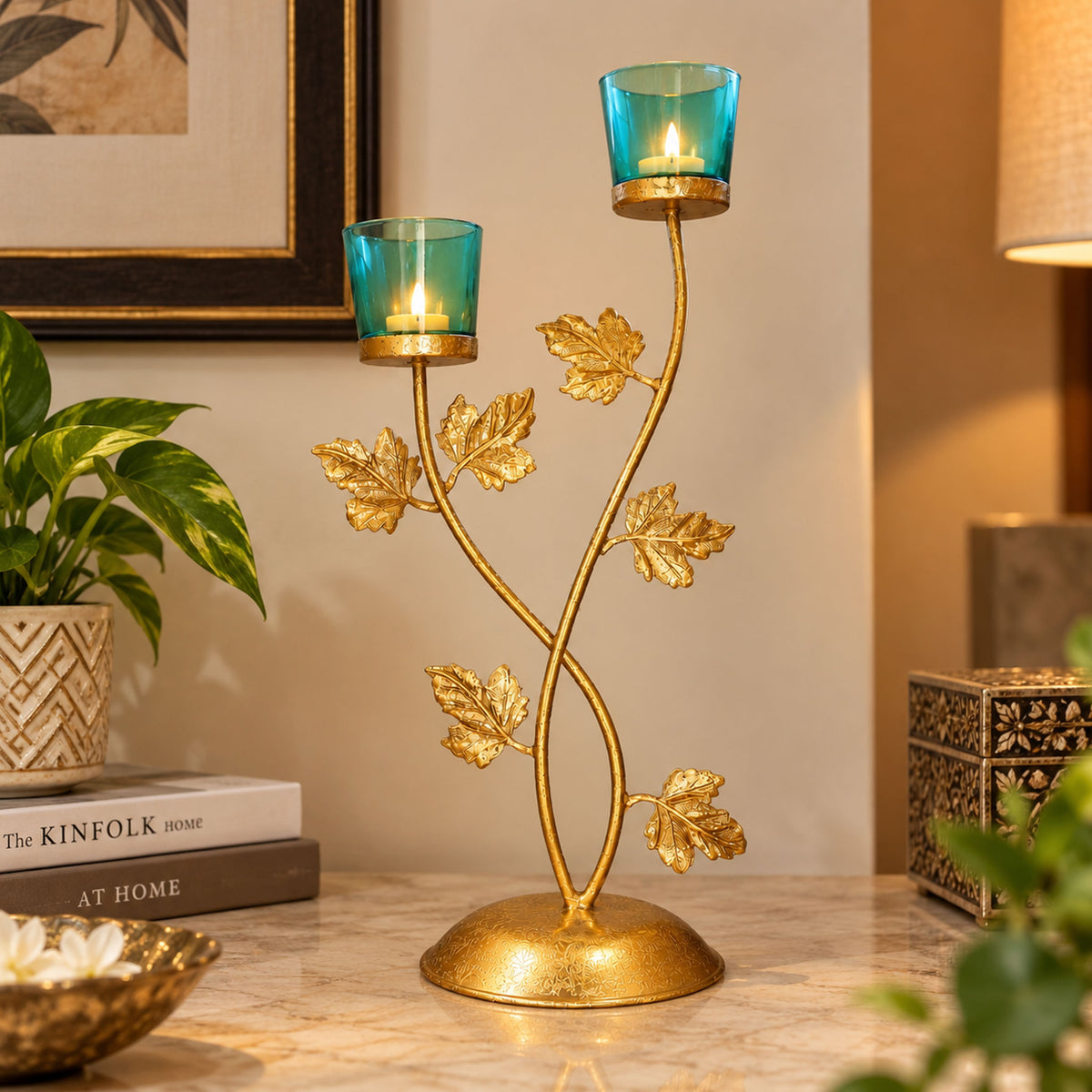 CGI Luxe Utsav Dual Votive Tea Light Gold Finish | 22X13X39.5 cm