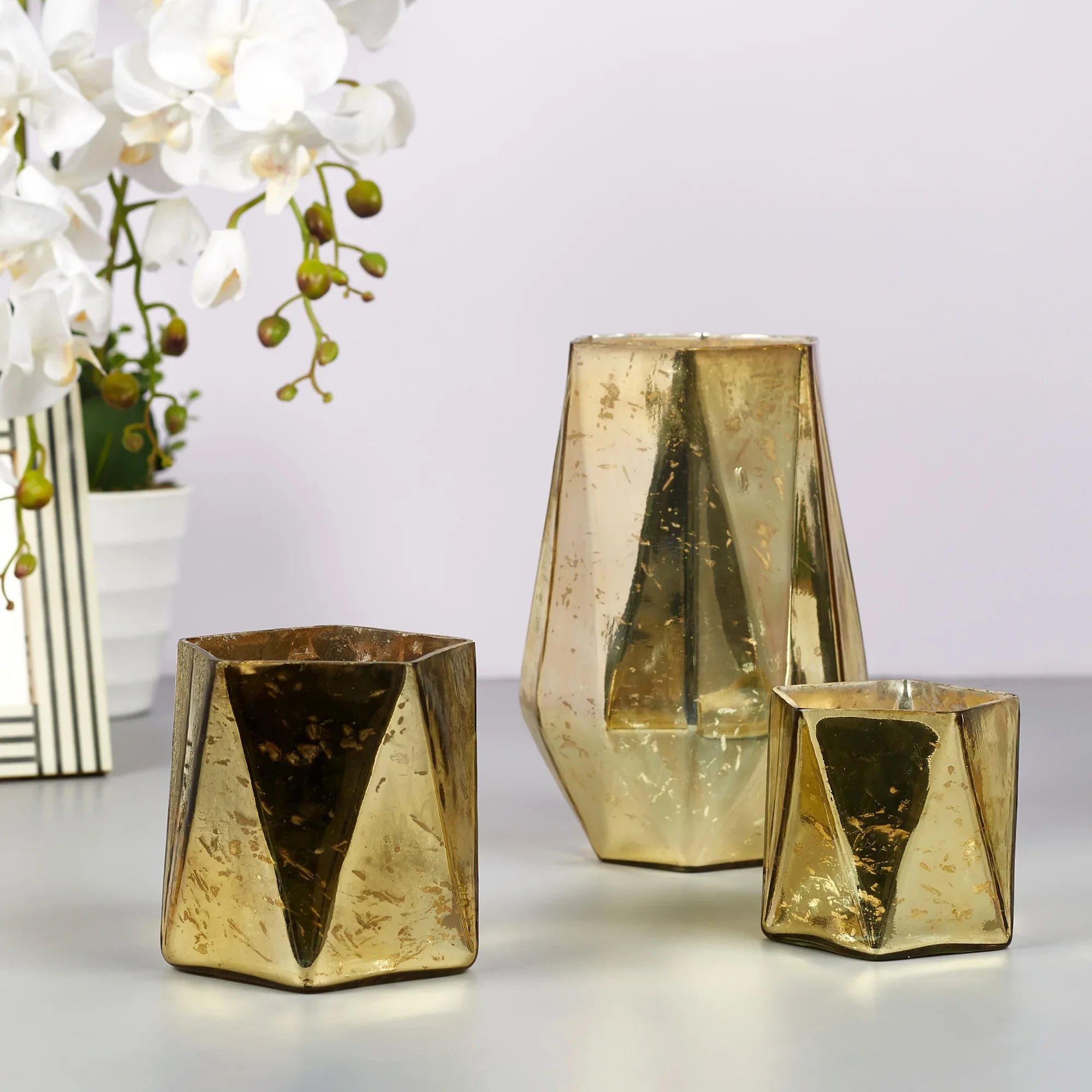 Phiona Glass Hexa Handcrafted Votive Mercury 24 Cm in Gold Colour - HomeTown