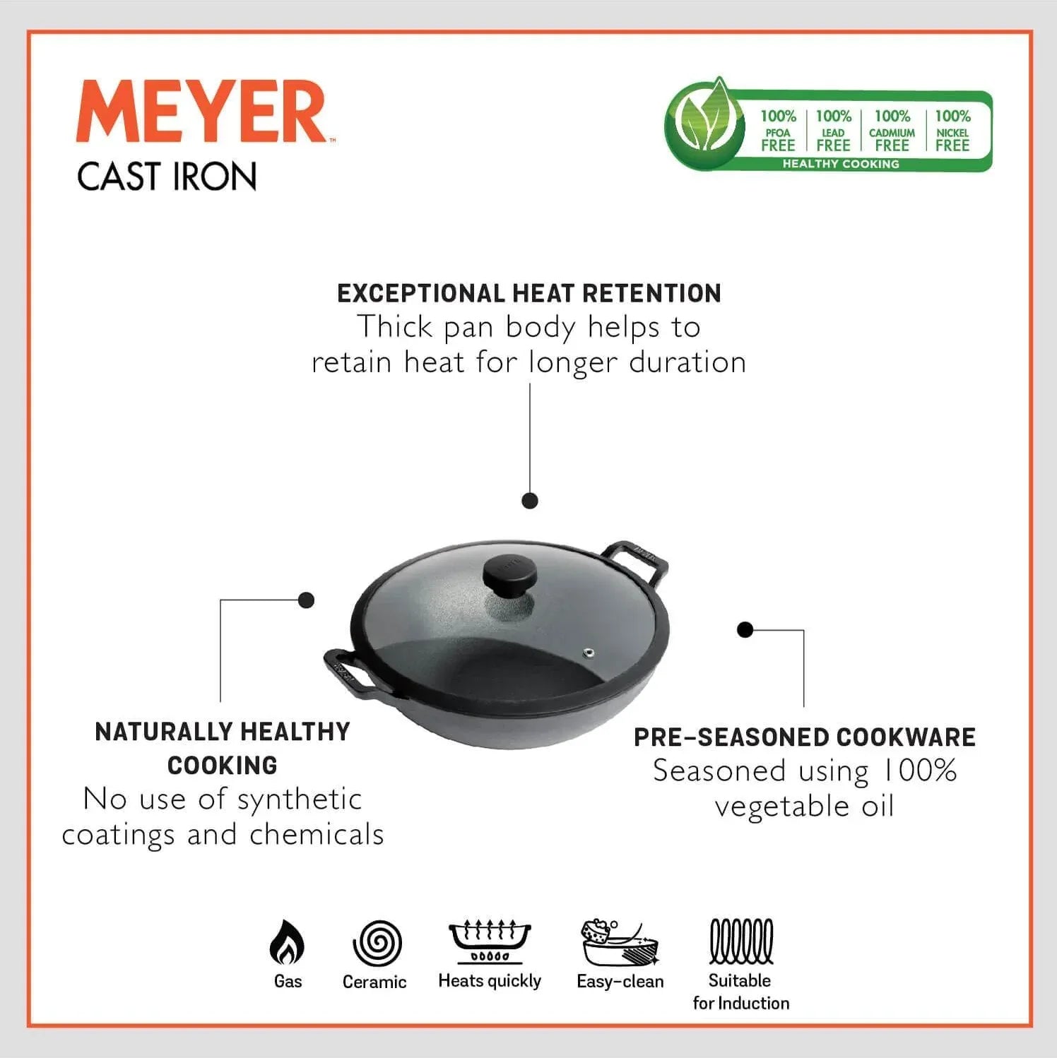 Enamel Free Cast Iron Induction Base Kadai With Glass Lid 30Cm in Black Colour - HomeTown