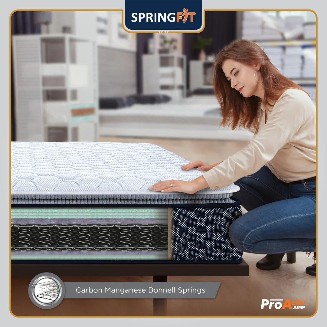 Pro Activ Jump Pillow Top Bonnell Spring Queen Mattress 75x66x6 Inch in Blue & Grey Colour - HomeTown