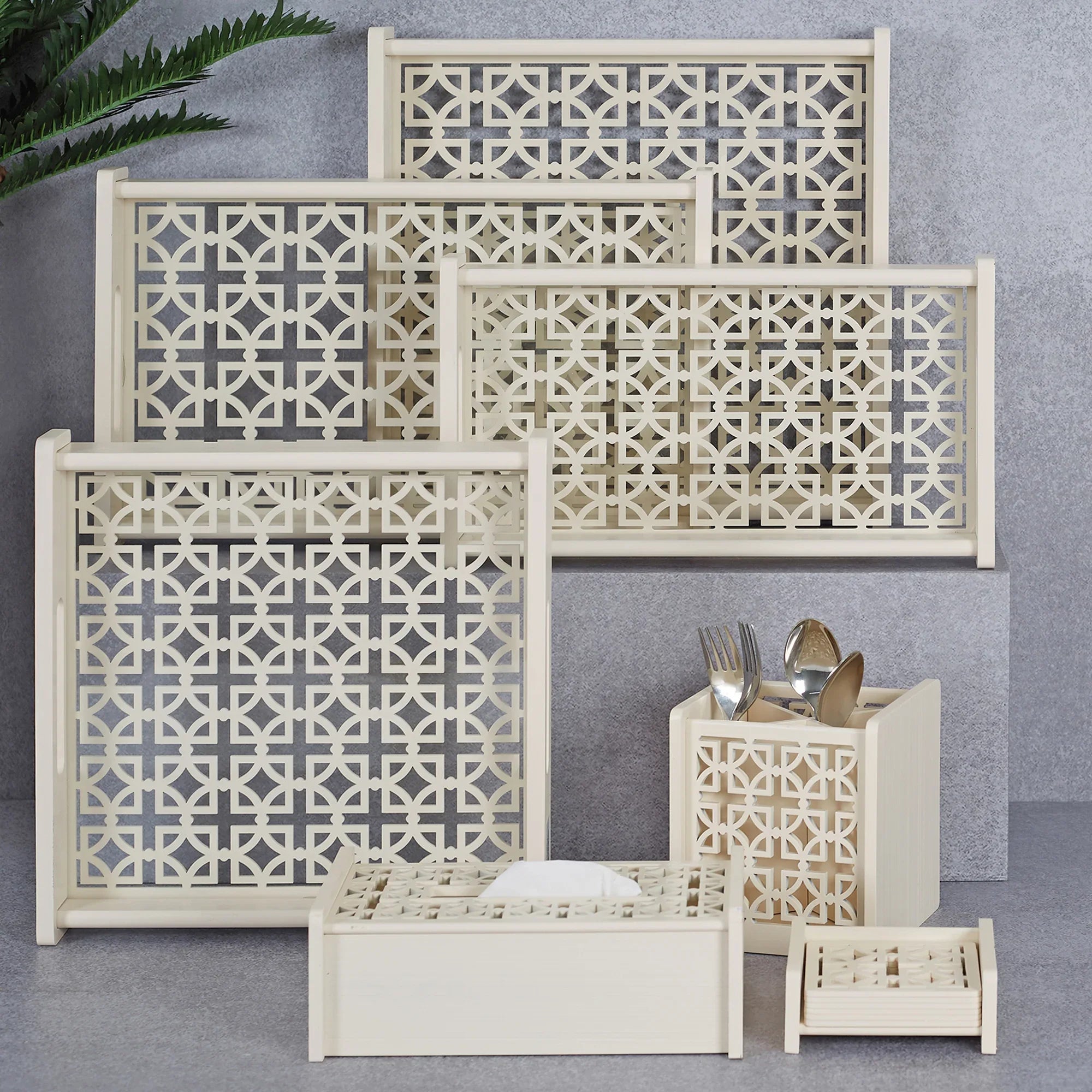 Laser Engineered Wood Cut Tray With Glass Small Rectangle in Multi Colour - HomeTown