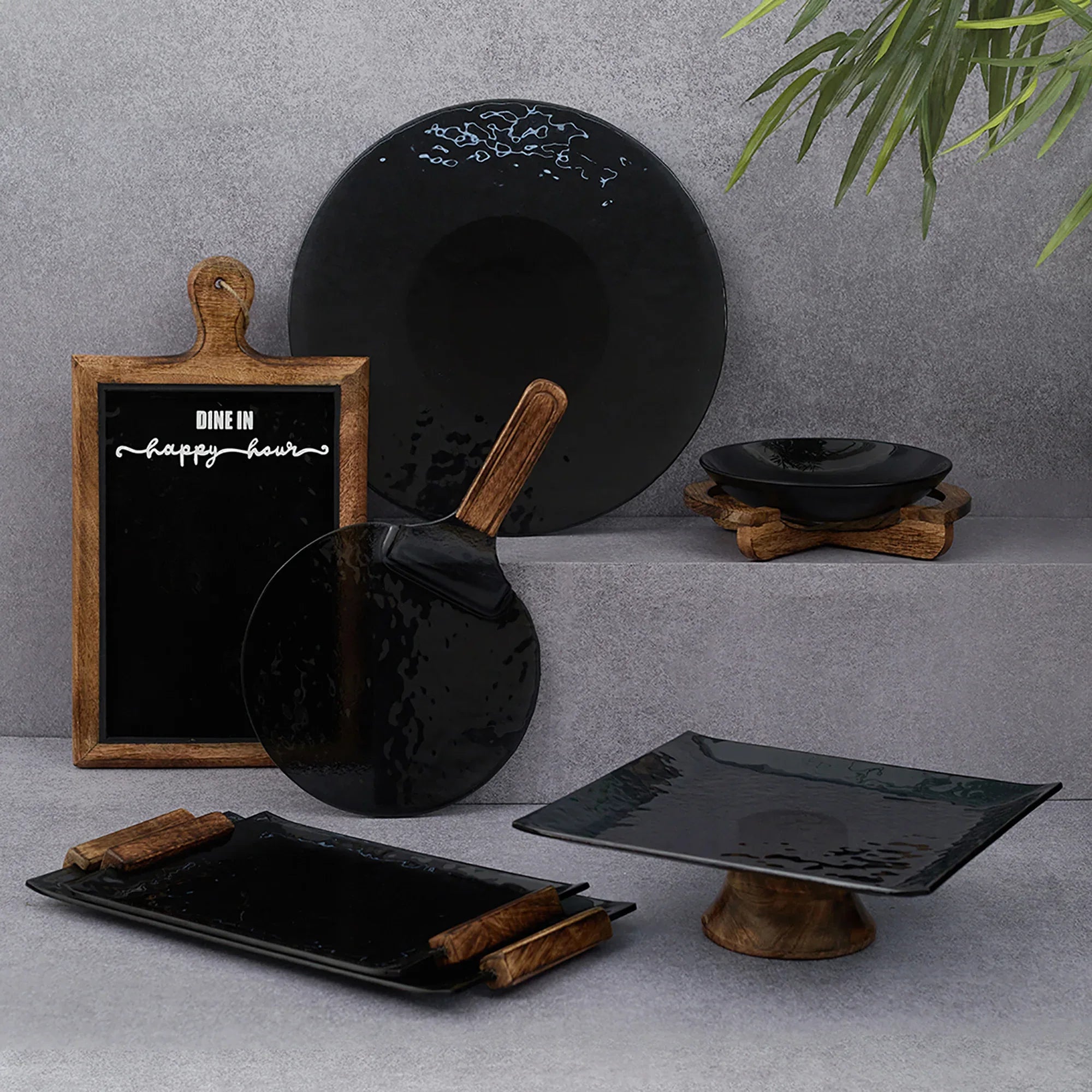 Ebony Glass & Wooden Shovel Pizza Platter in Black Texture Colour - HomeTown