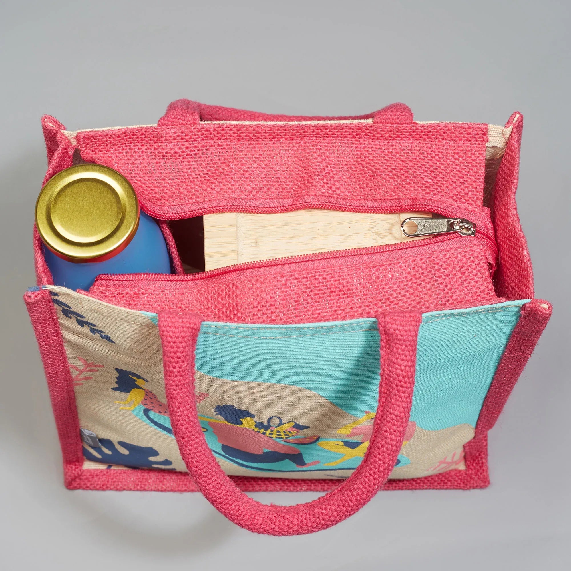 Good Life Jute Reversible Salt, Sea & Snack Printed Lunch Bag 25.5 x 25.5 Cm in Pink Colour - HomeTown