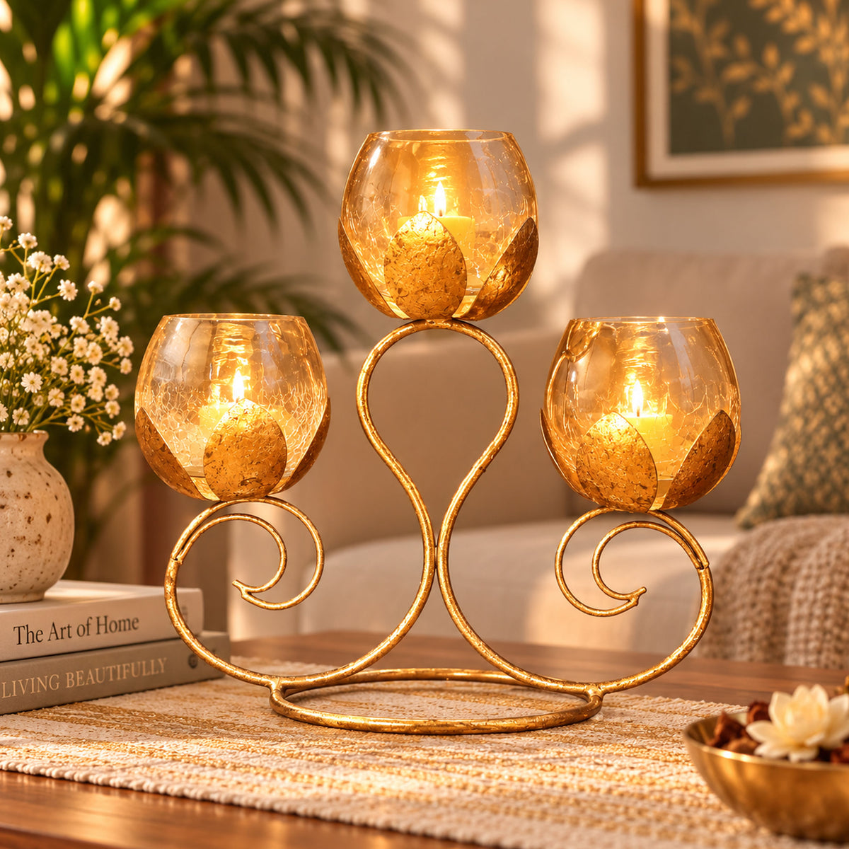 CGI Luxe Utsav 3 Lotus Loop Tea Light Gold Finish | 25X11X23.5 cm