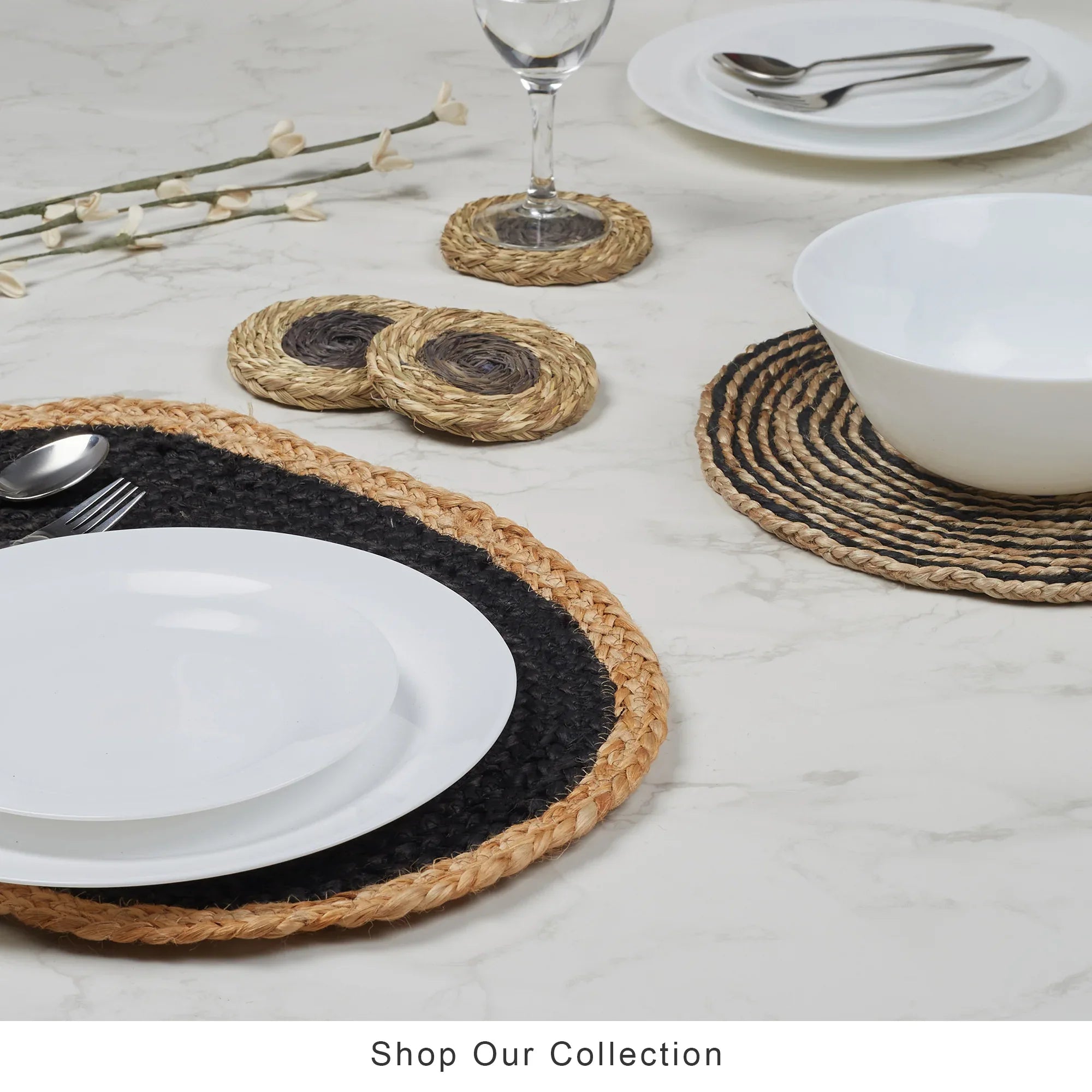 Ebony Handmade Jute Placemat 38x38 Cm in Black Colour - HomeTown