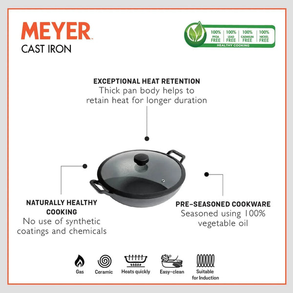 Enamel Free Cast Iron Induction Base Kadai With Lid 24Cm in Black Colour dimensions