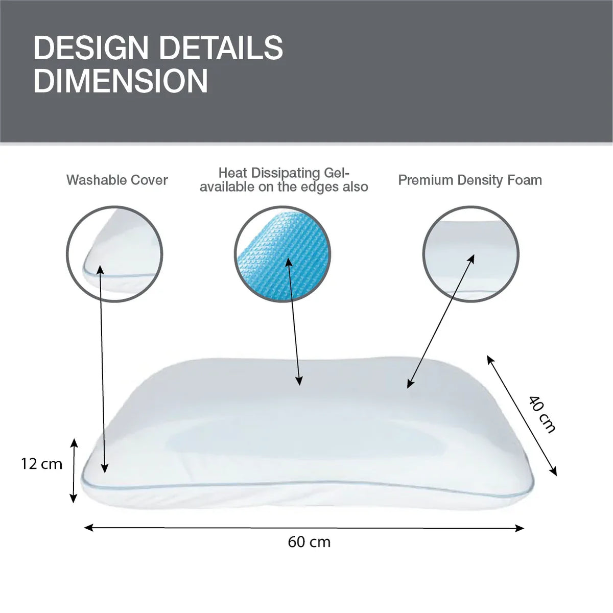 Contoura Gel Memory Foam Pillow with Special Cooling Wings for Survical Support 60X40X12 Cms in White Colour - HomeTown
