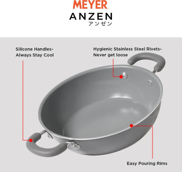 Anzen Ceramic Coated Aluminium Kadai With Lid 24Cm 2.60 Ltr in Grey Colour dimensions