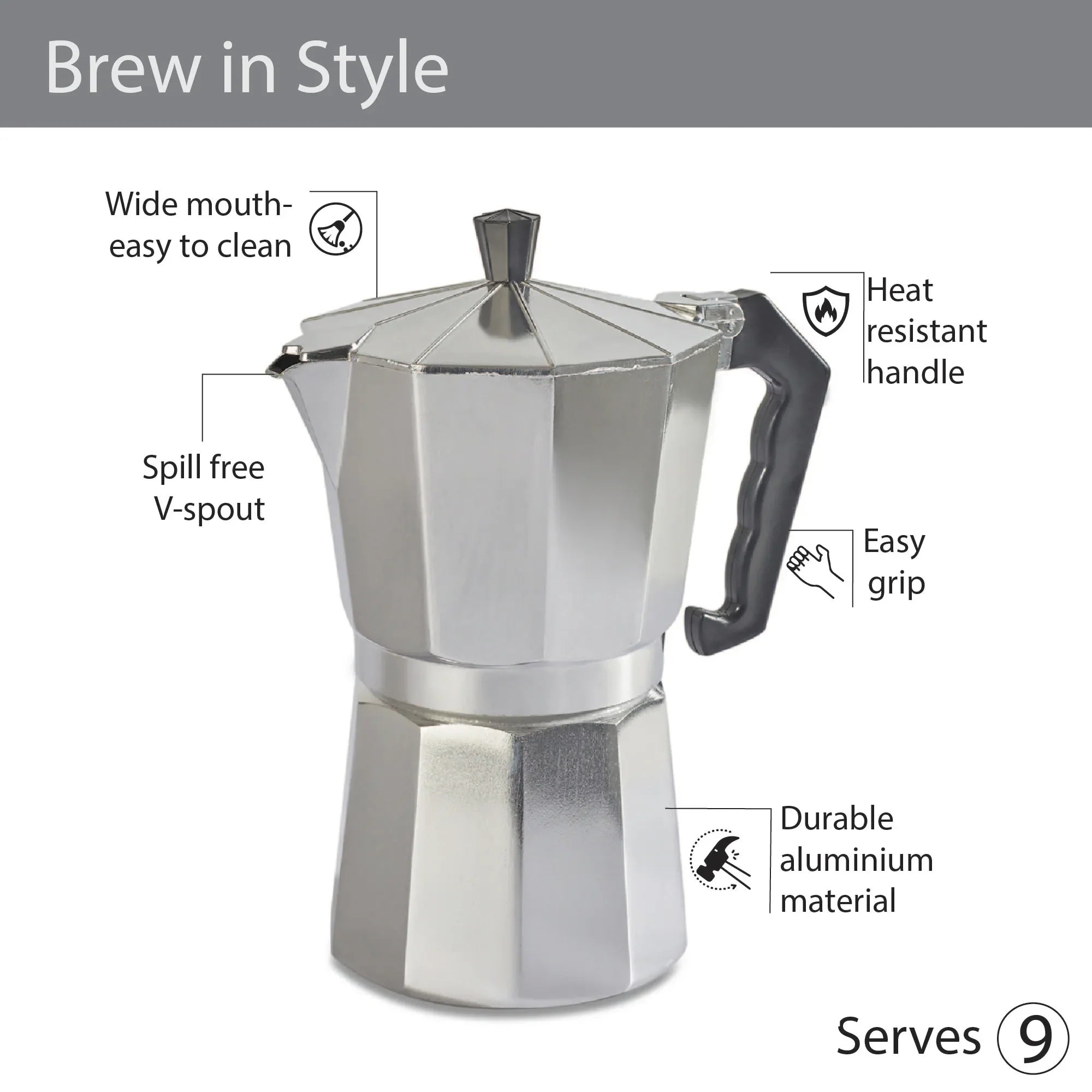 Brew Aluminium Moka Pot Coffee Maker 450 ml in Silver Colour - HomeTown