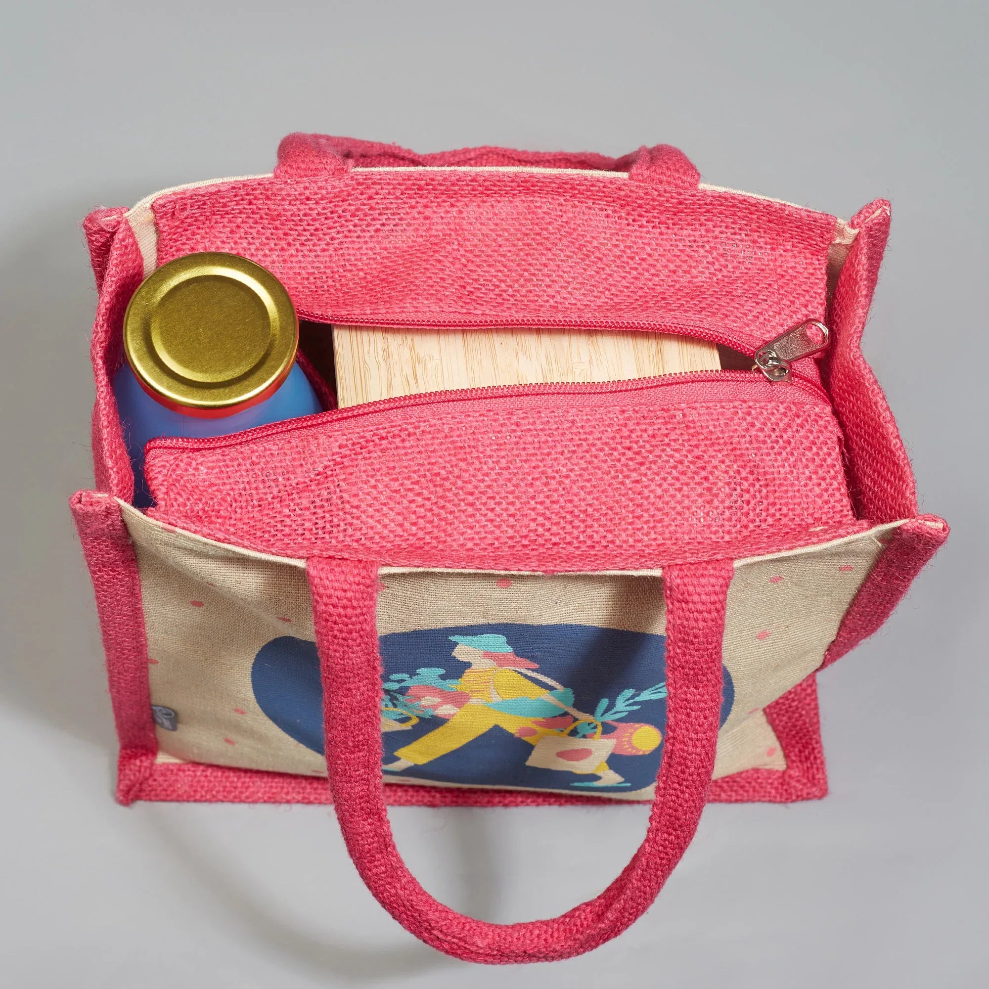 Good Life Jute Reversible Bag Garden Printed Lunch Bag 25.5 x 25.5 Cm in Multi Colour - HomeTown