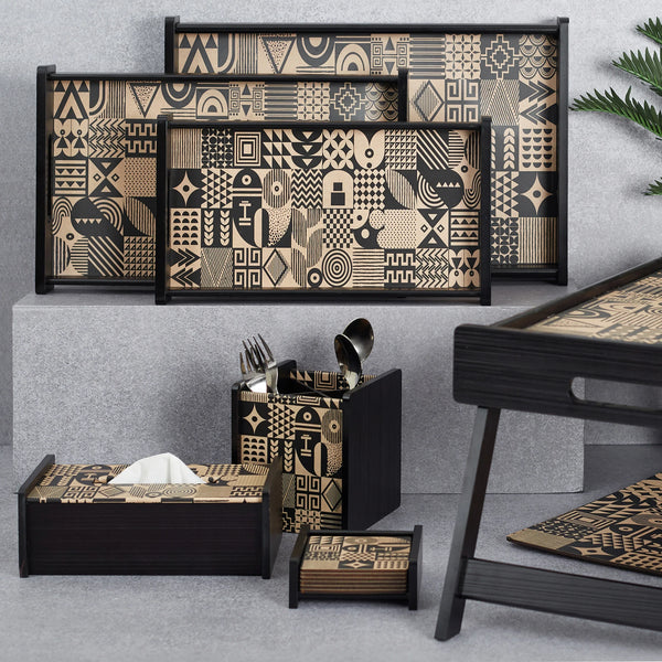 Print Modern Black Engineered Wood Placemat Set Of 2 in Multi Colour dimensions