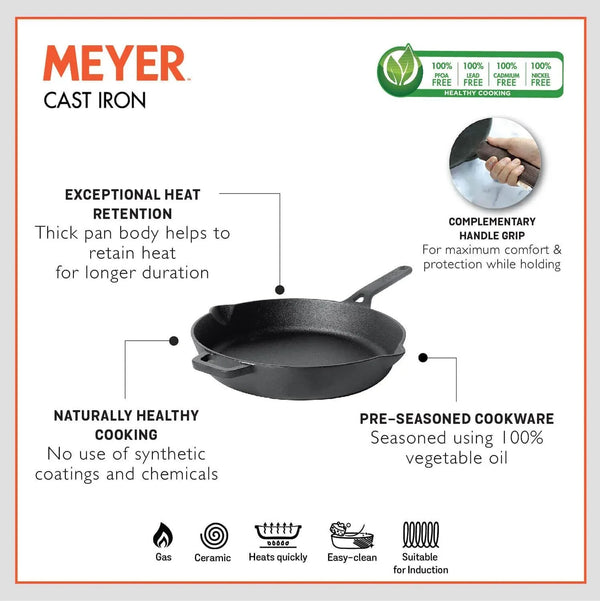 Cast Iron Induction Base Enamel Free Skillet with Handle 24Cm In Black Colour by Meyer dimensions