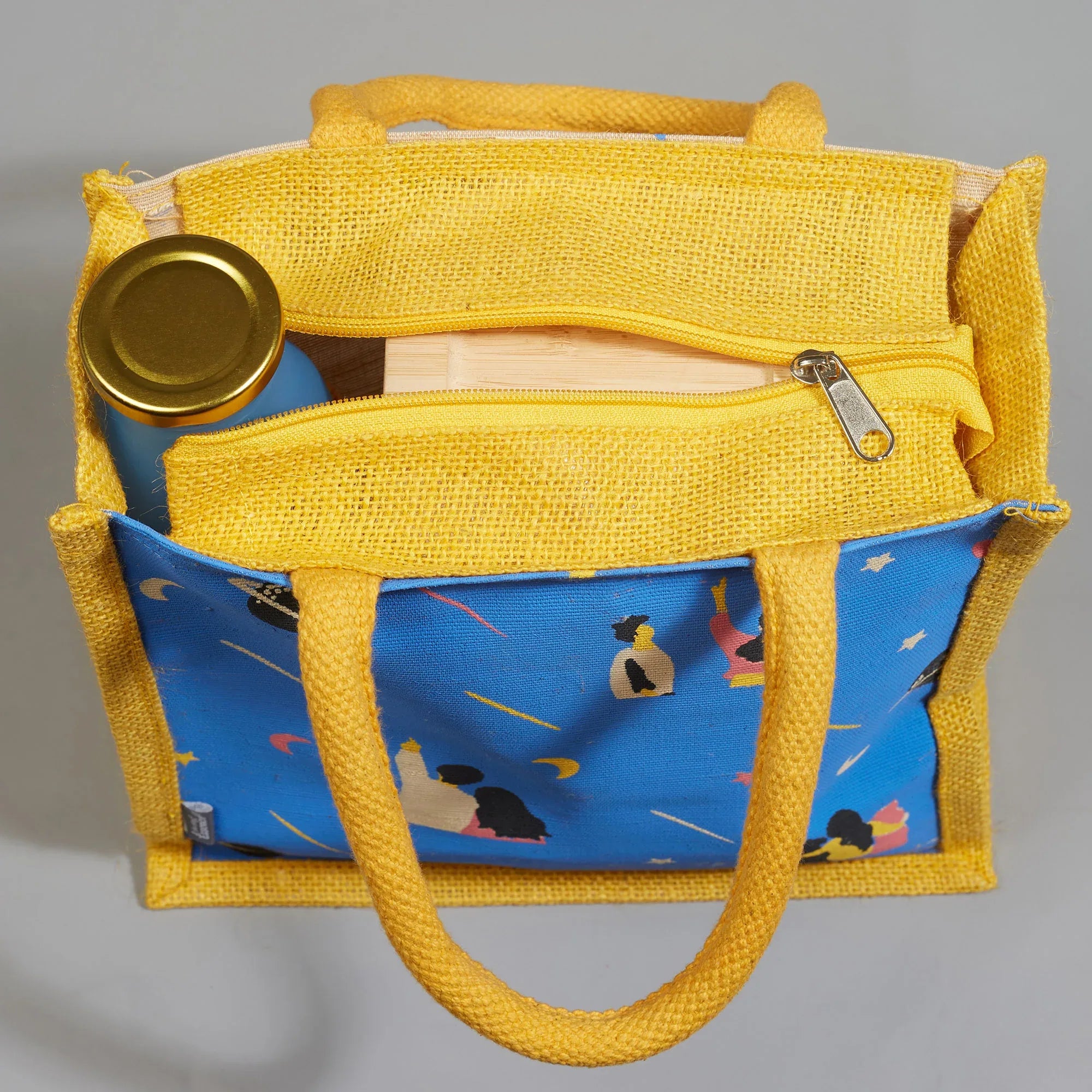 Good Life Jute Reversible Stary Night Printed Lunch Bag 25.5 x 25.5 Cm in Navy Blue & Yellow Colour - HomeTown