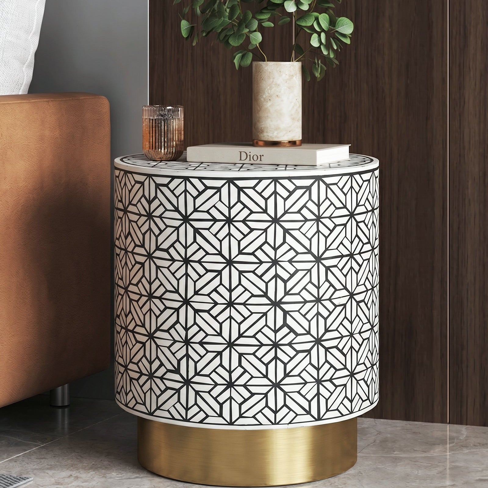 Ossein Marble Side Table in White and Gold Colour
