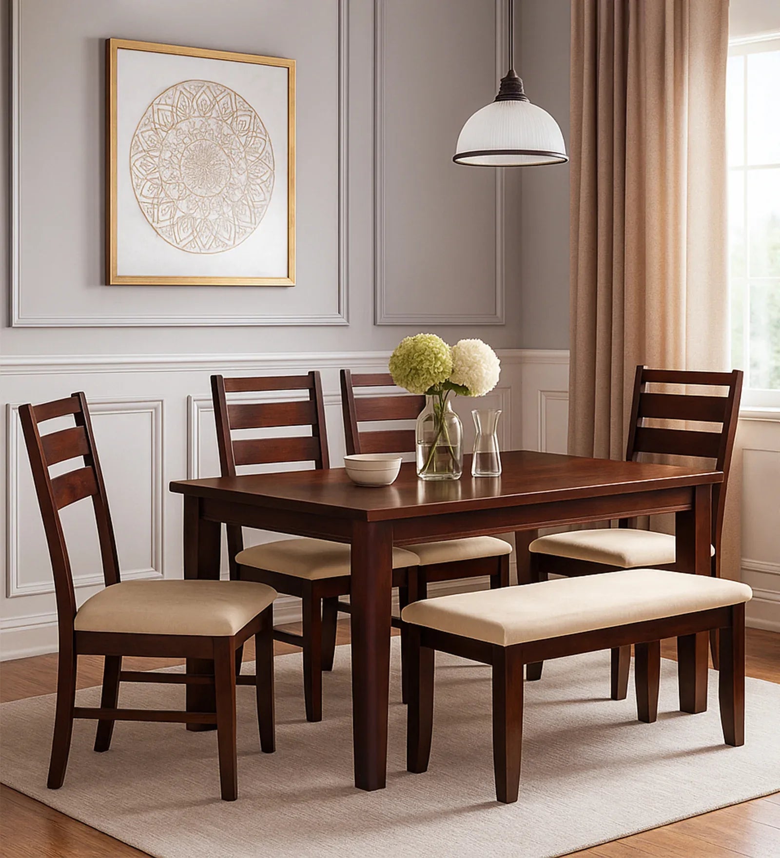 Capidyno 6 Seater Dining Set With Bench in Dark Brown Finish - HomeTown