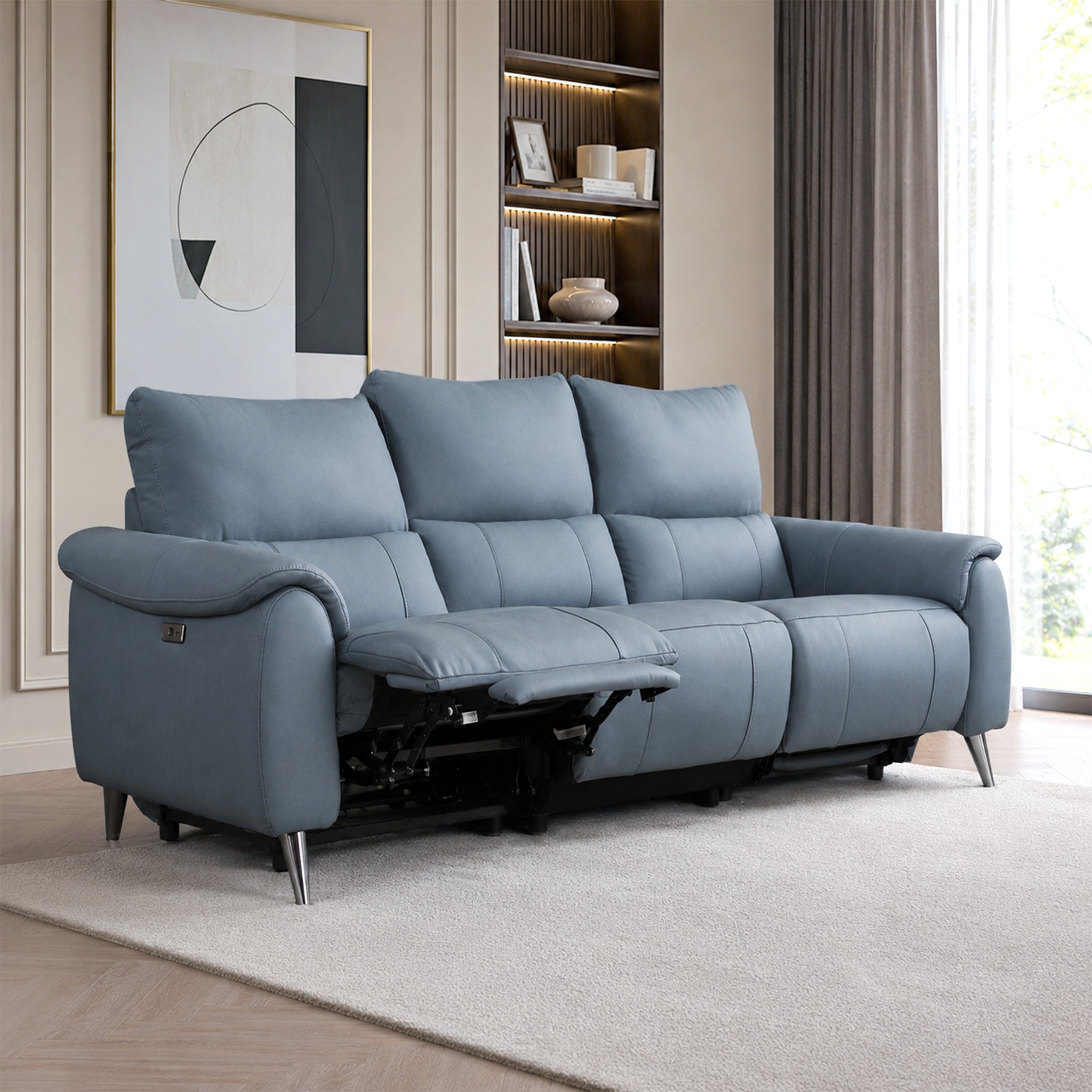Levanto Half Leather Zero Wall Electric Recliner | 3 Seater | Ocean Blue