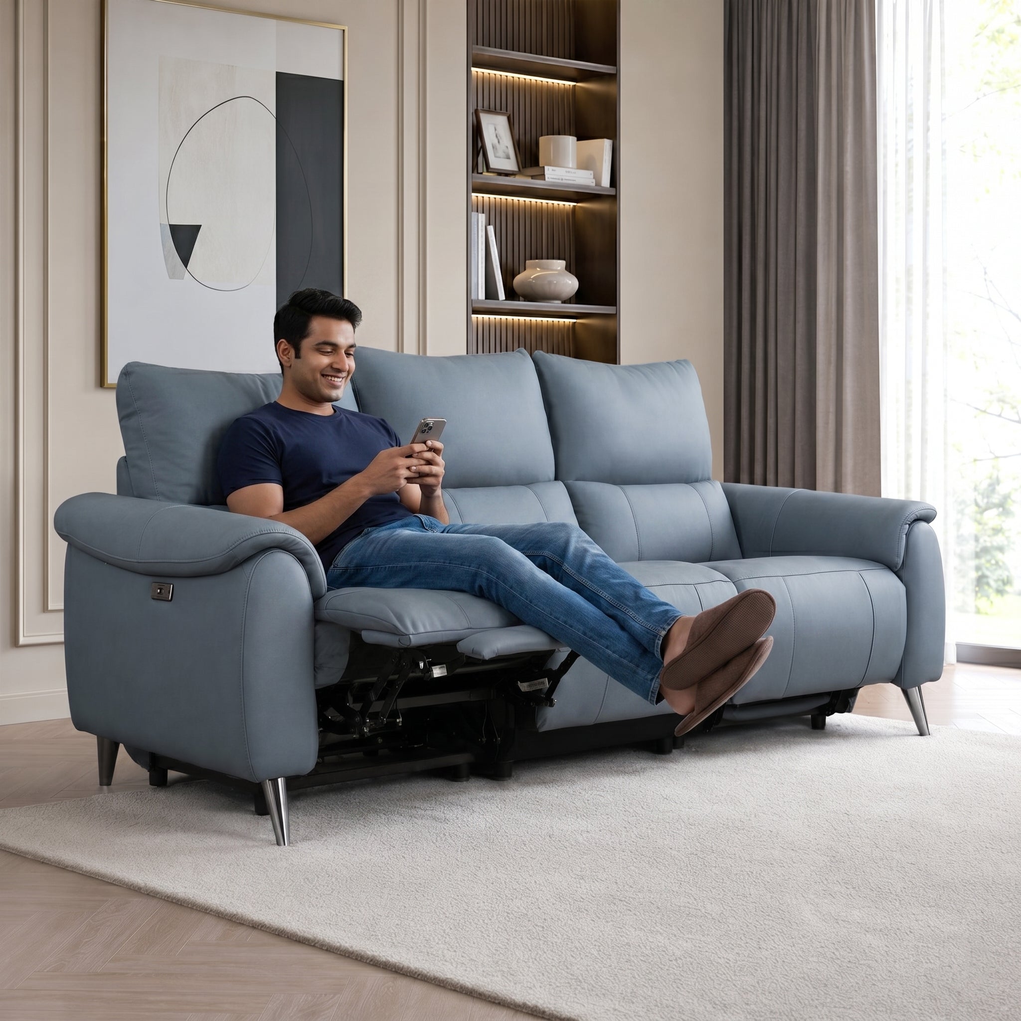Levanto Half Leather Zero Wall Electric Recliner | 3 Seater | Ocean Blue