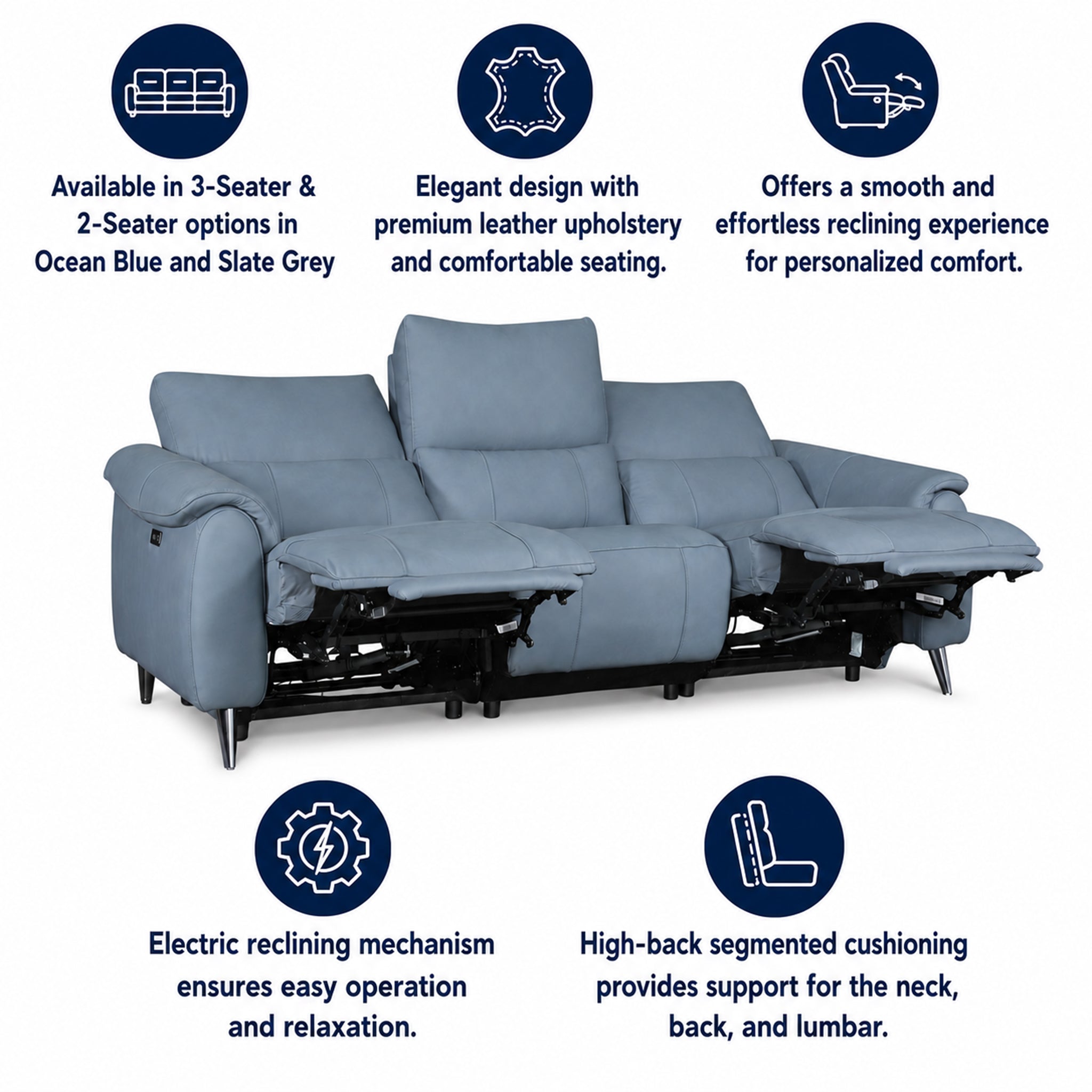 Levanto Half Leather Zero Wall Electric Recliner | 3 Seater | Ocean Blue