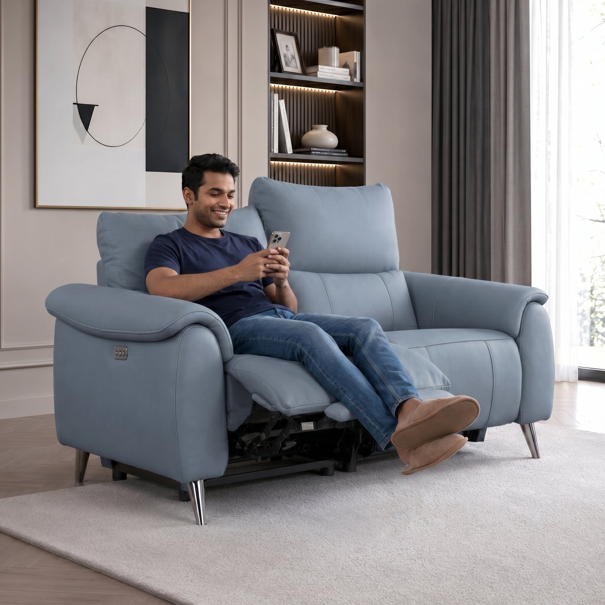 Levanto Half Leather Zero Wall Electric Recliner | Ocean Blue