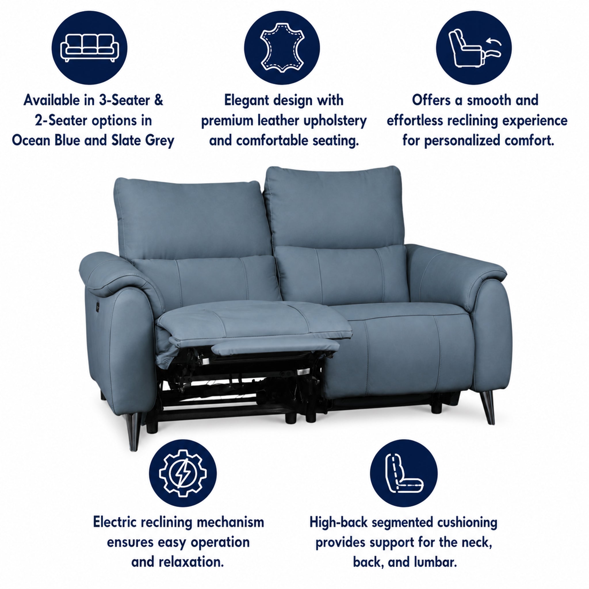 Levanto Half Leather Zero Wall Electric Recliner | Ocean Blue