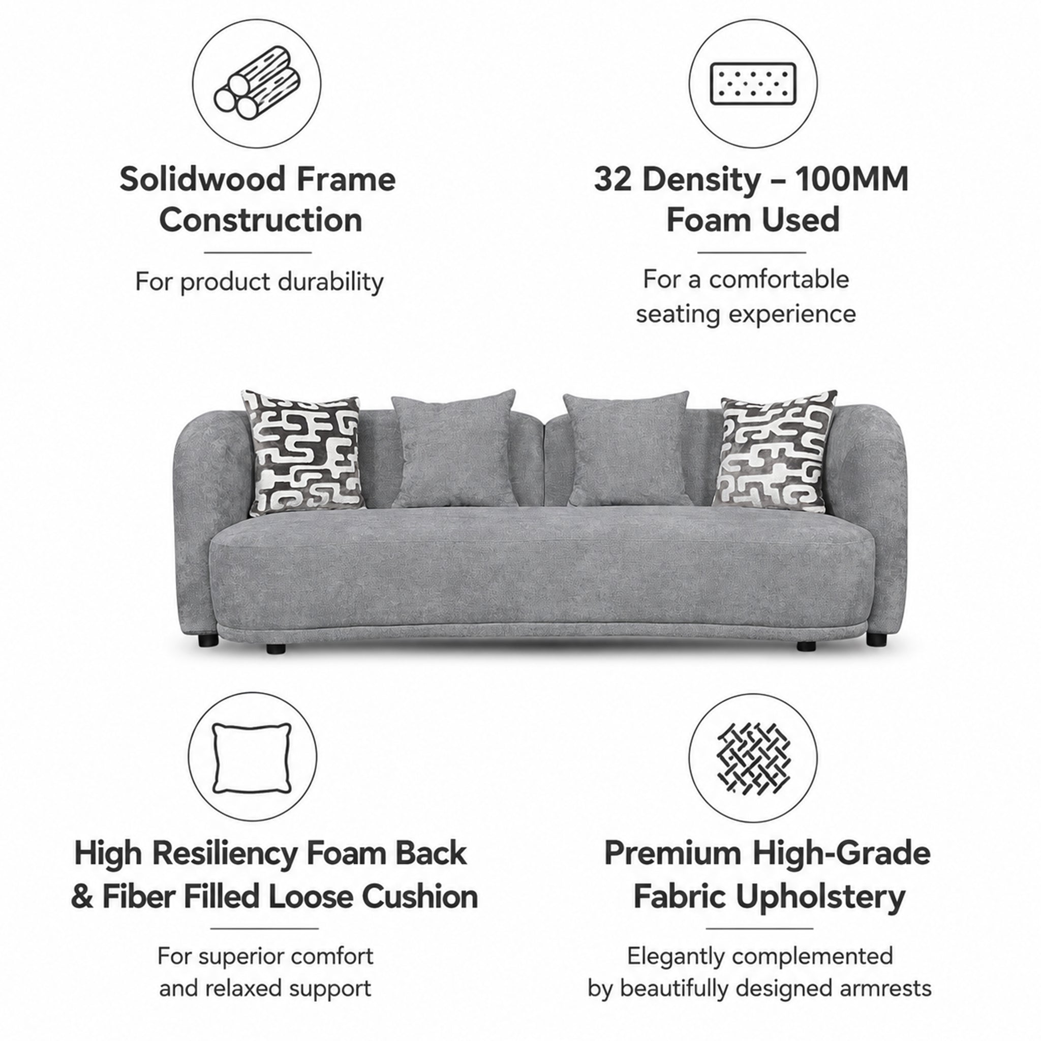 ELOWEN FABRIC 3 SEATER SOFA STEEL GREY