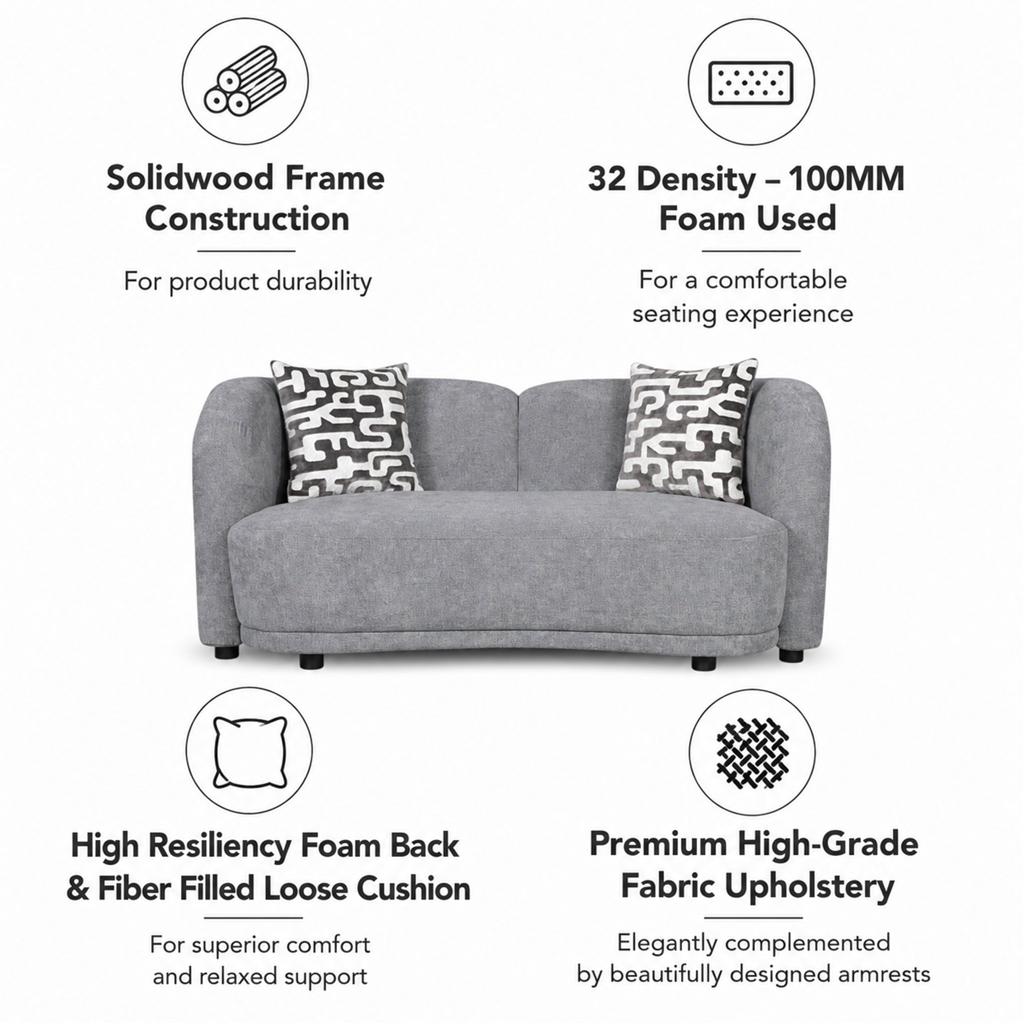 ELOWEN FABRIC 2 SEATER SOFA STEEL GREY