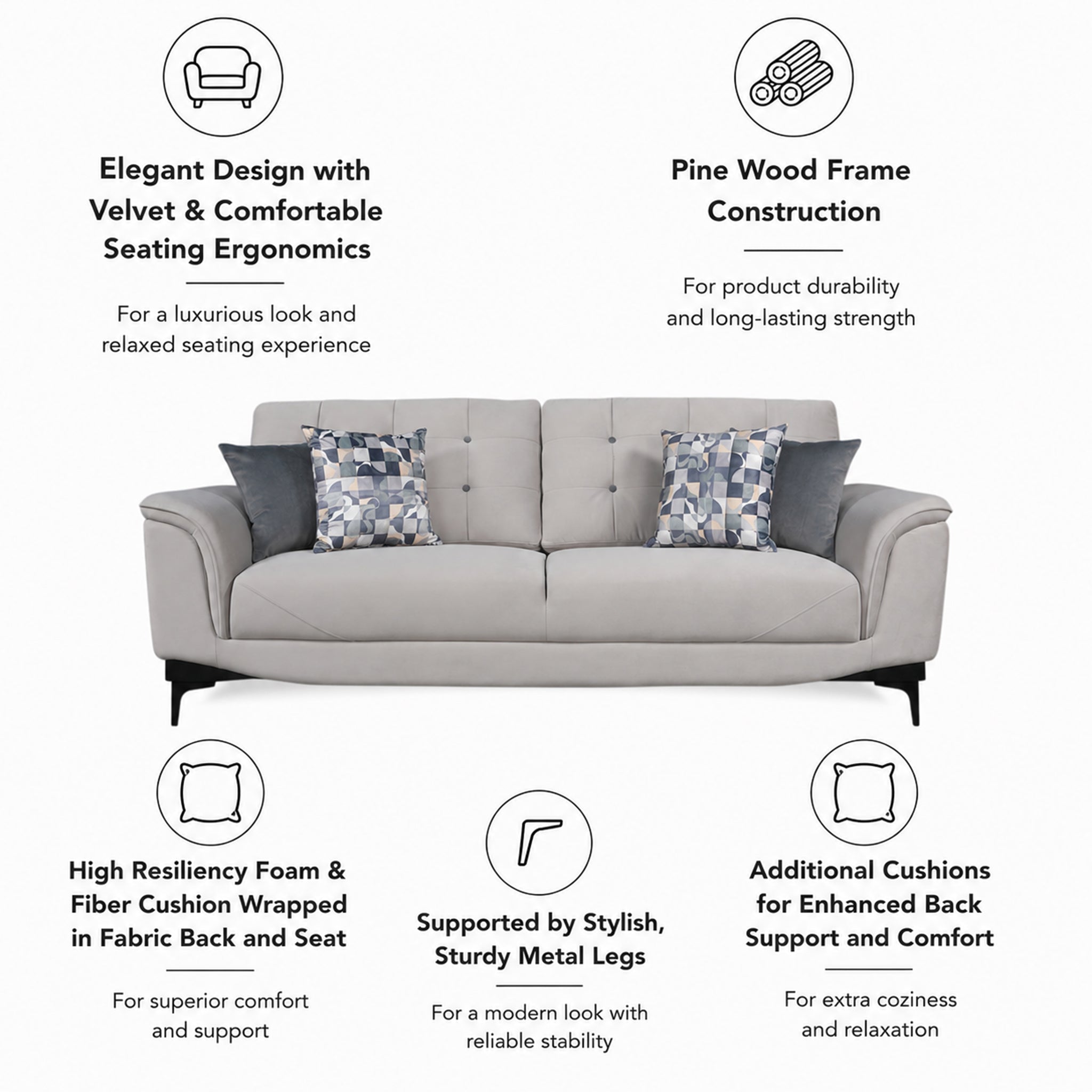 SANDORA VELVET 3 SEATER SOFA L GREY