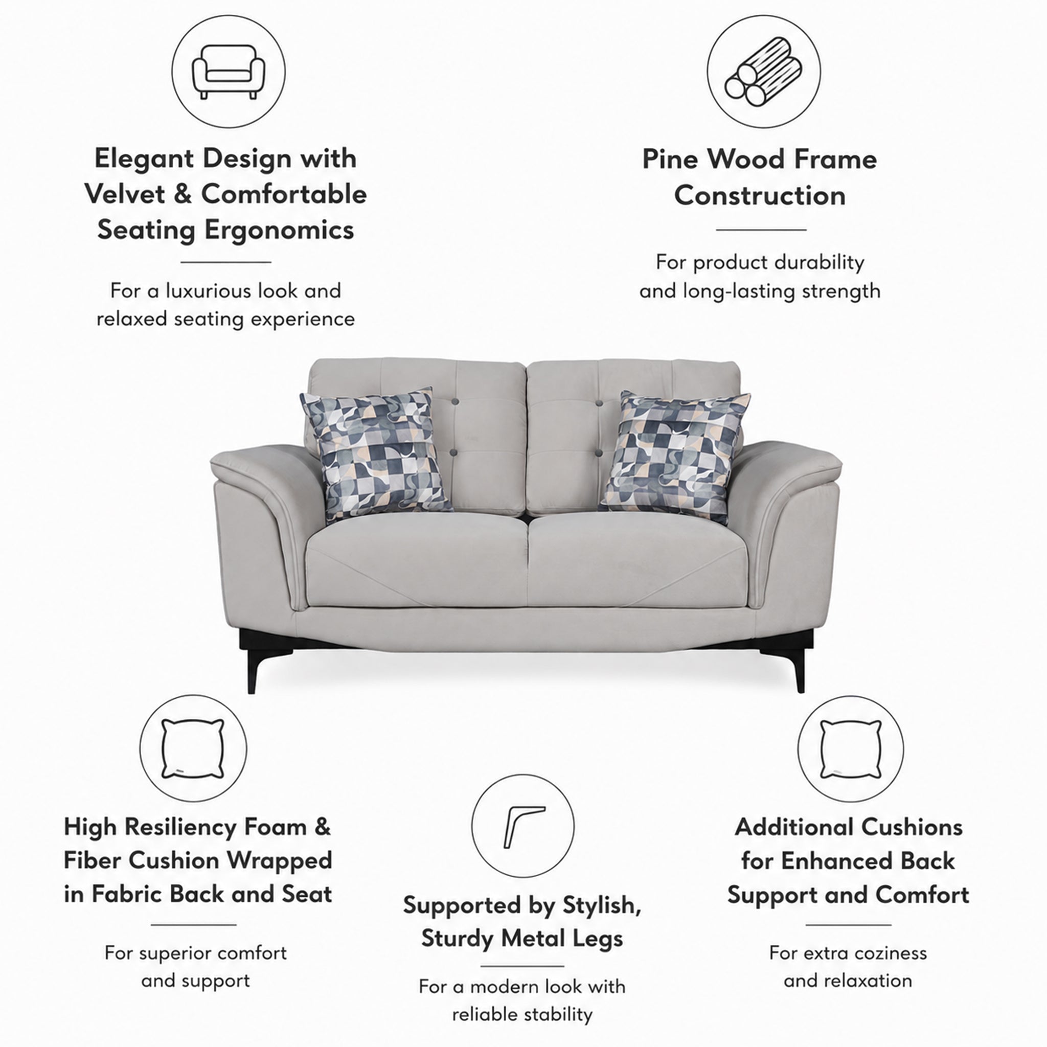 SANDORA VELVET 2 SEATER SOFA L GREY