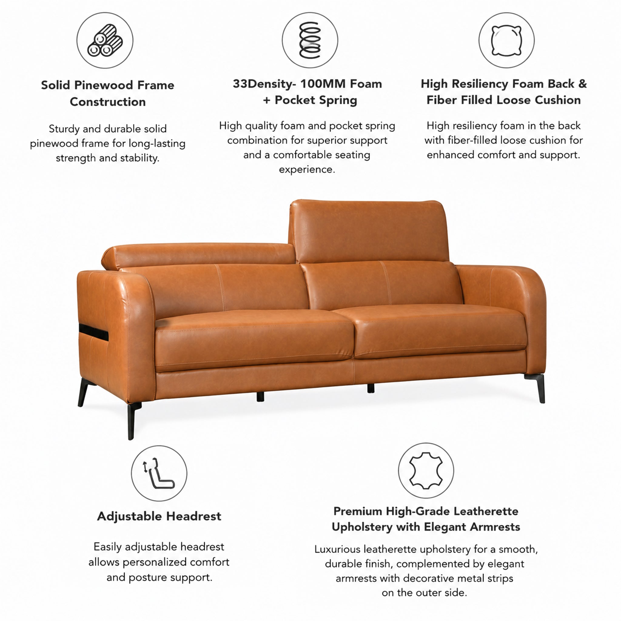 CALISTA LEATHERETTE 3 SEATER SOFA BROWN