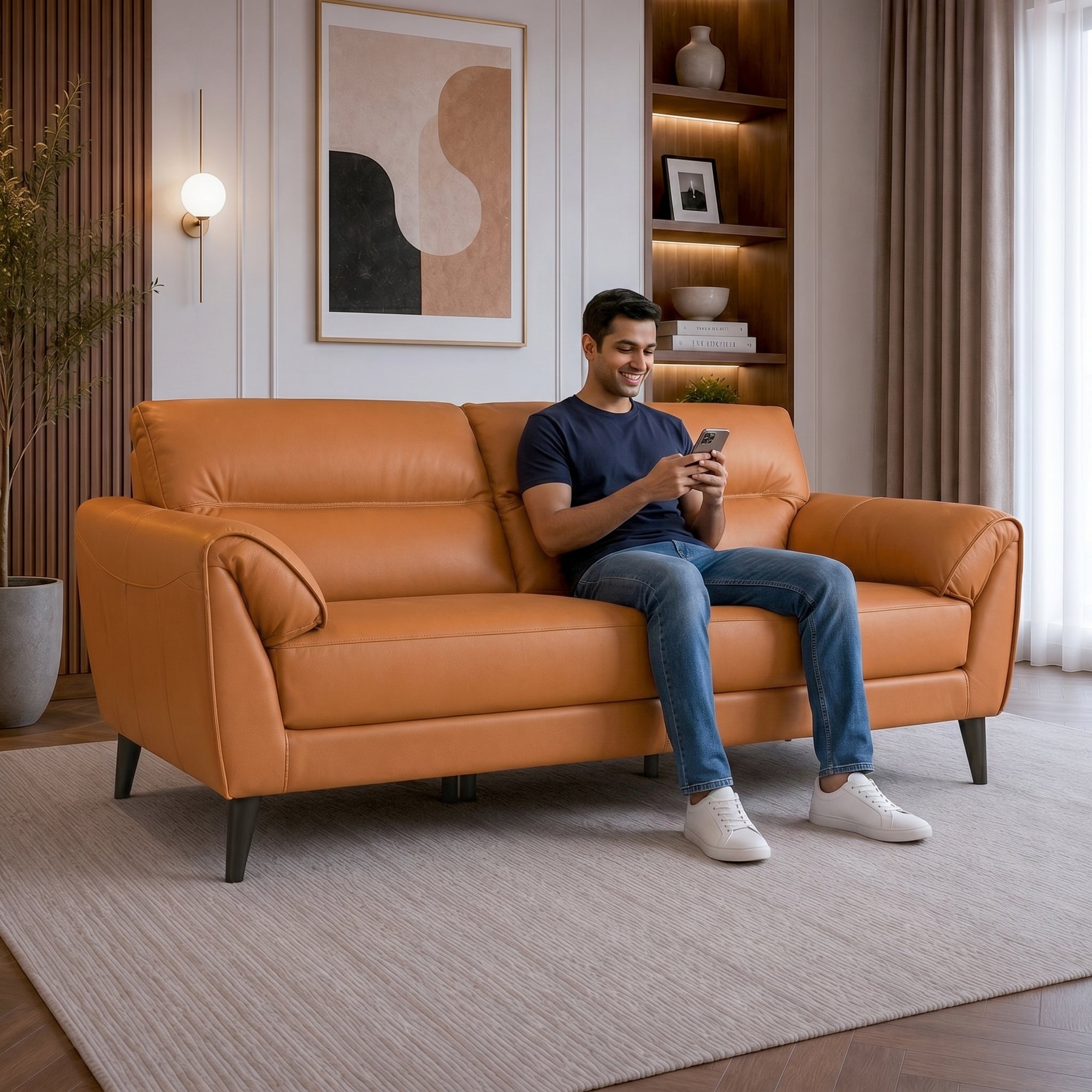 SERENO HALF LEATHER 3 SEATER SOFA TAN