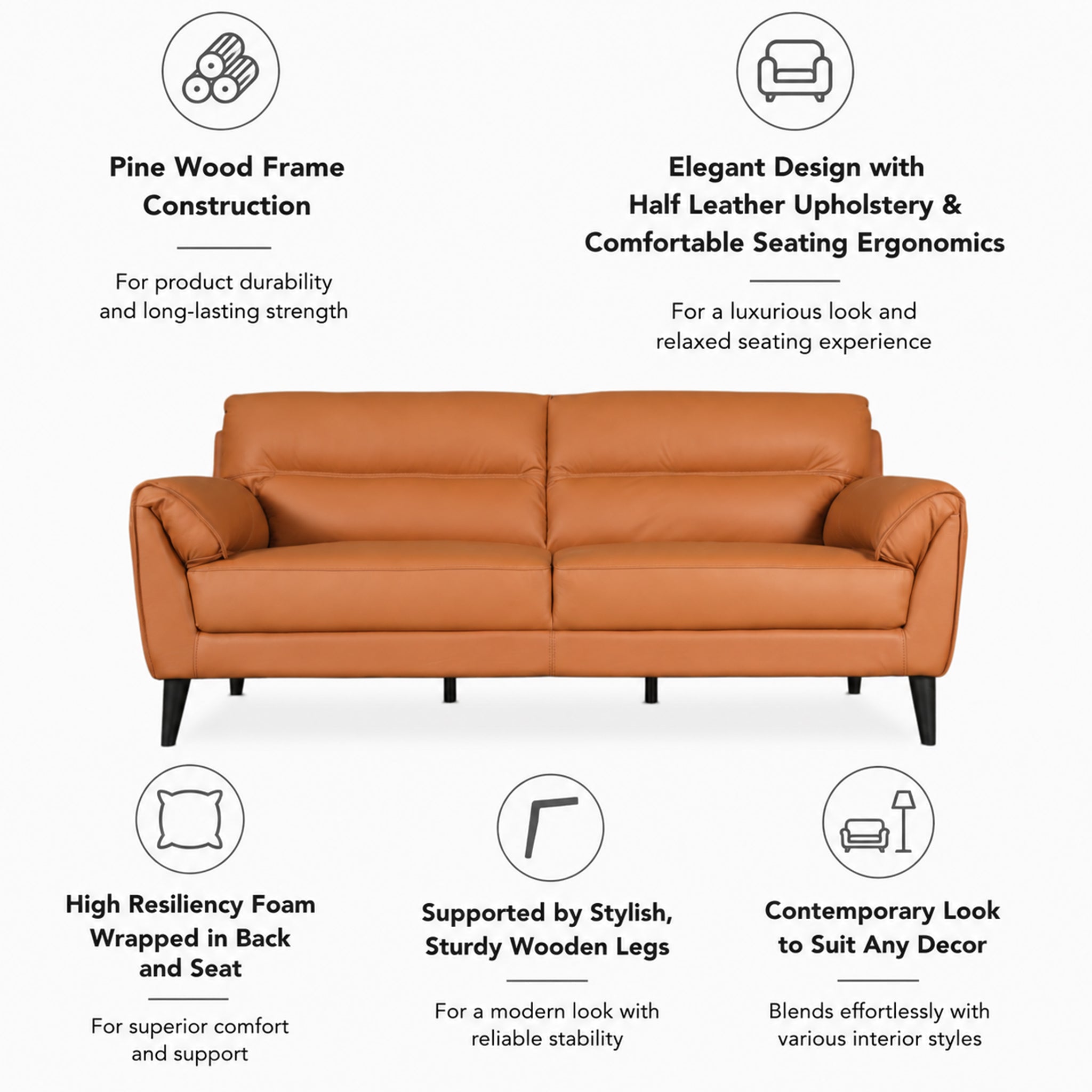 SERENO HALF LEATHER 3 SEATER SOFA TAN
