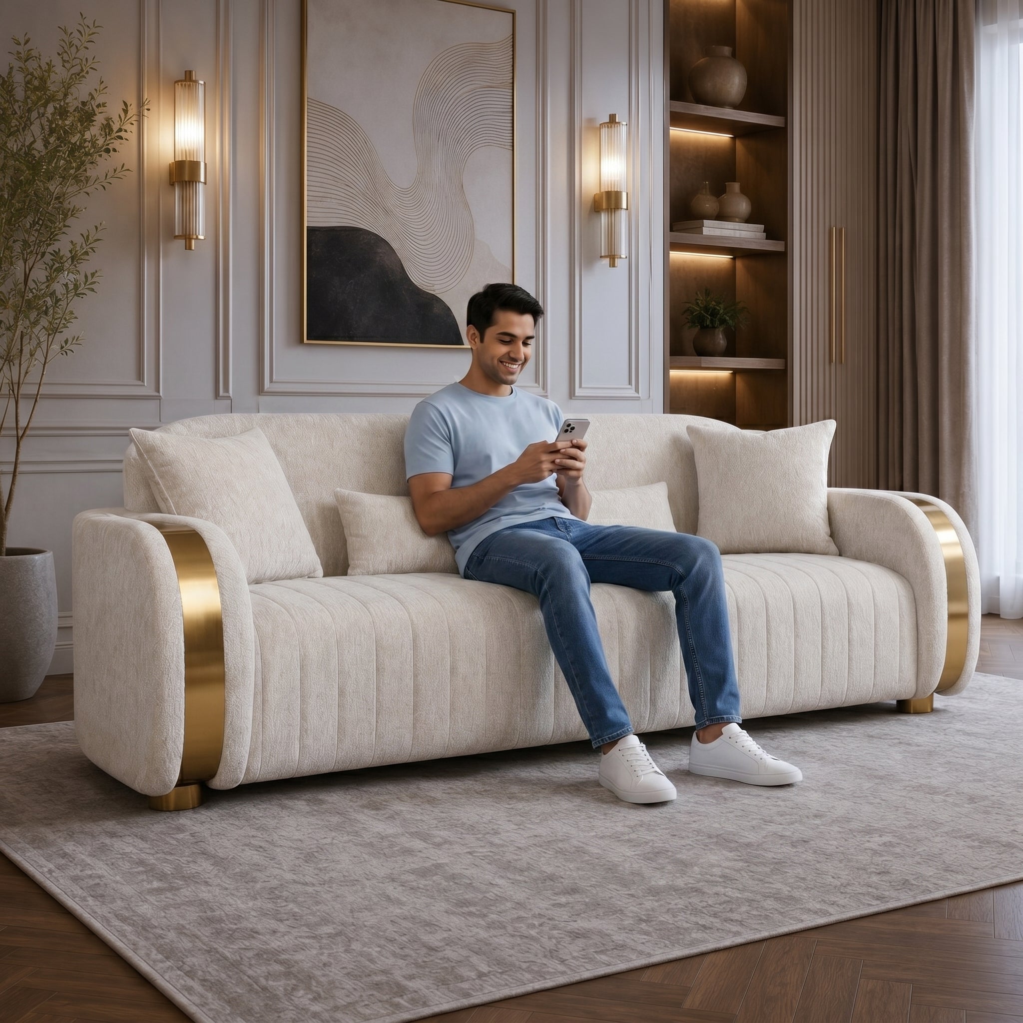 KINGS FABRIC 3 SEATER SOFA BEIGE & GOLD