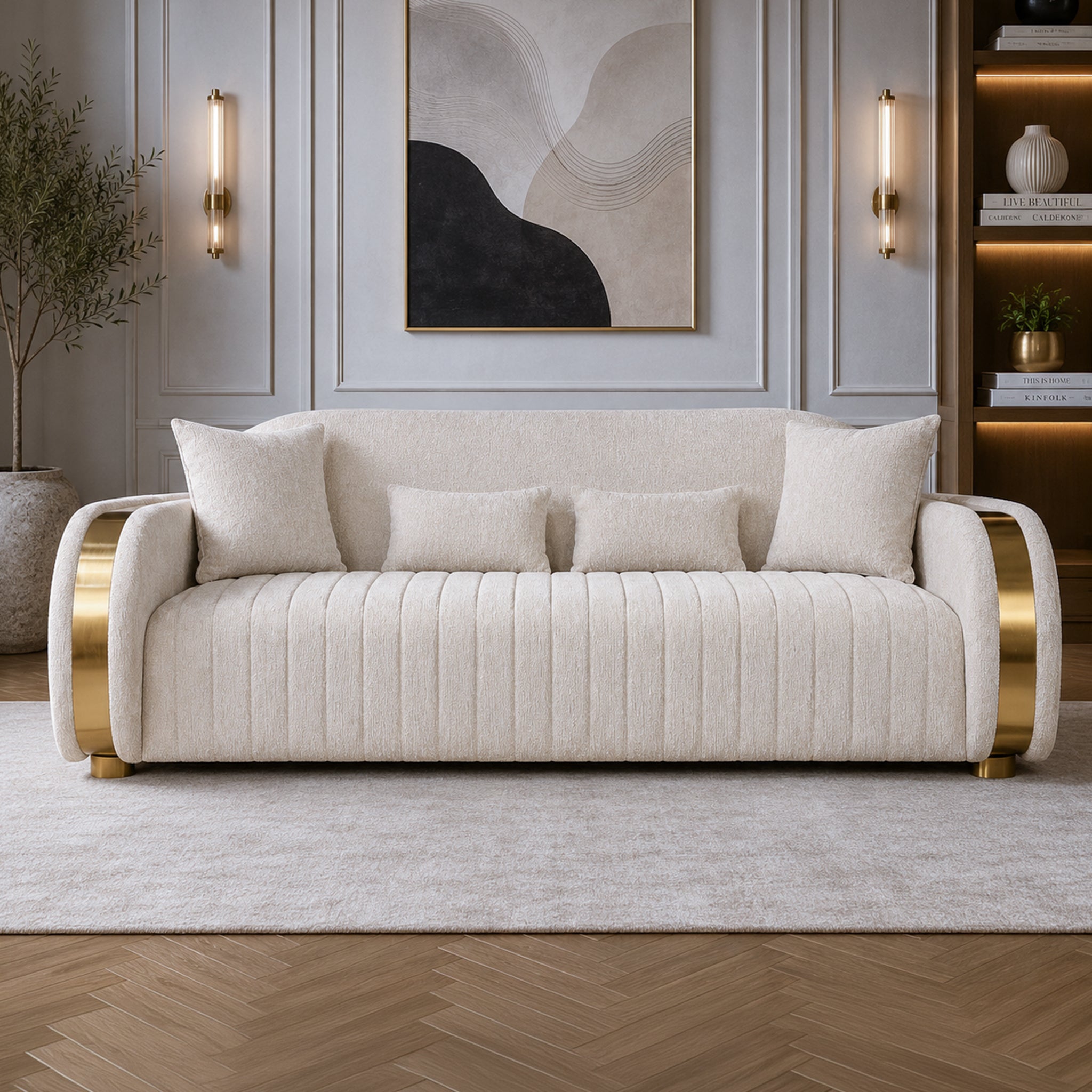 KINGS FABRIC 3 SEATER SOFA BEIGE & GOLD